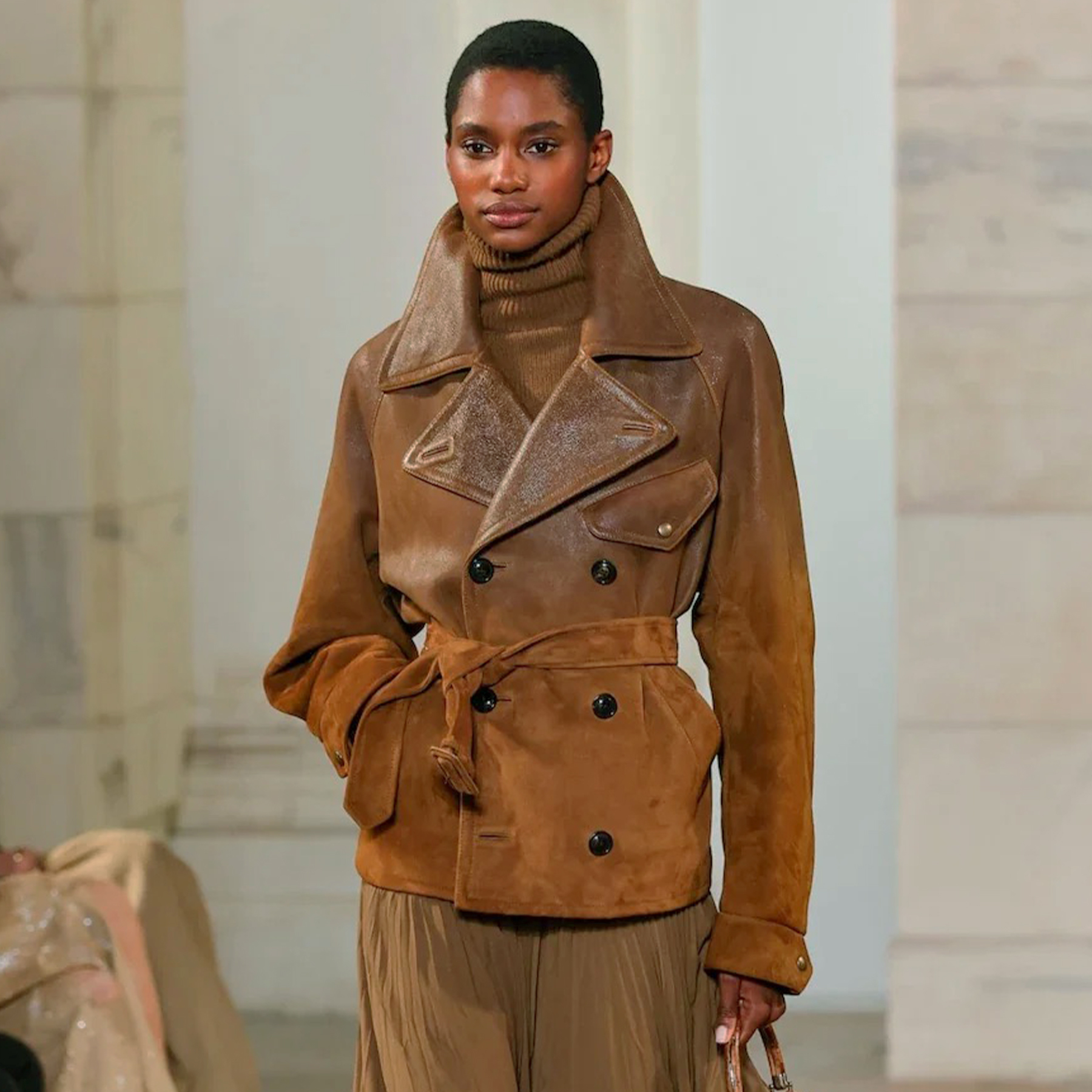 NIGO Ralph Lauren Women's Autumn And Winter Curry Leather Patchwork Jacket Belt Double Breasted Lapel Leather Jacket Ngvp #nigo2248