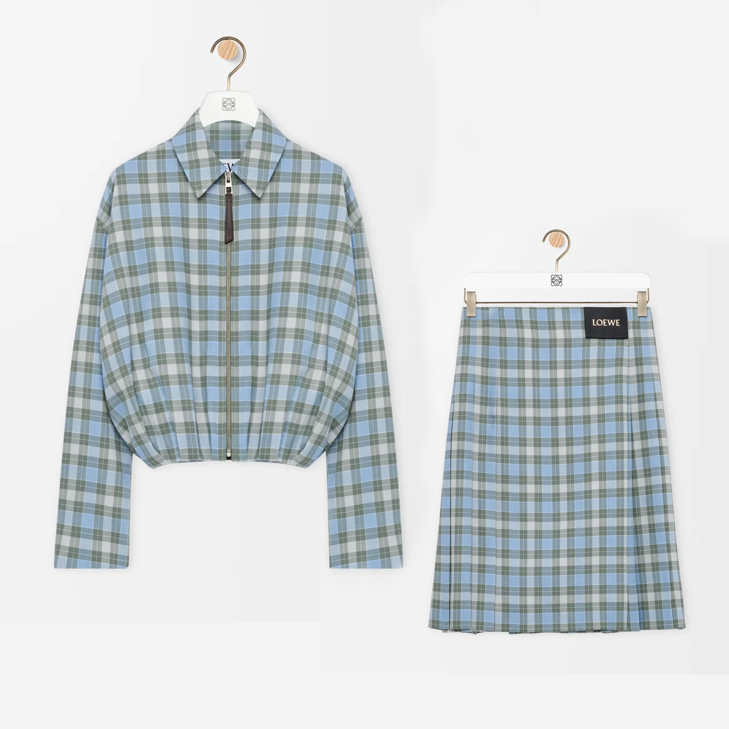 NIGO Loewe Women's Spring/autumn Fashion Casual Checkered Color Block Zipper Collar Short High Waisted Shirt Jacket Waist Cinching Checkered Color Block Casual Pleated Skirt Suit Set #nigo78358