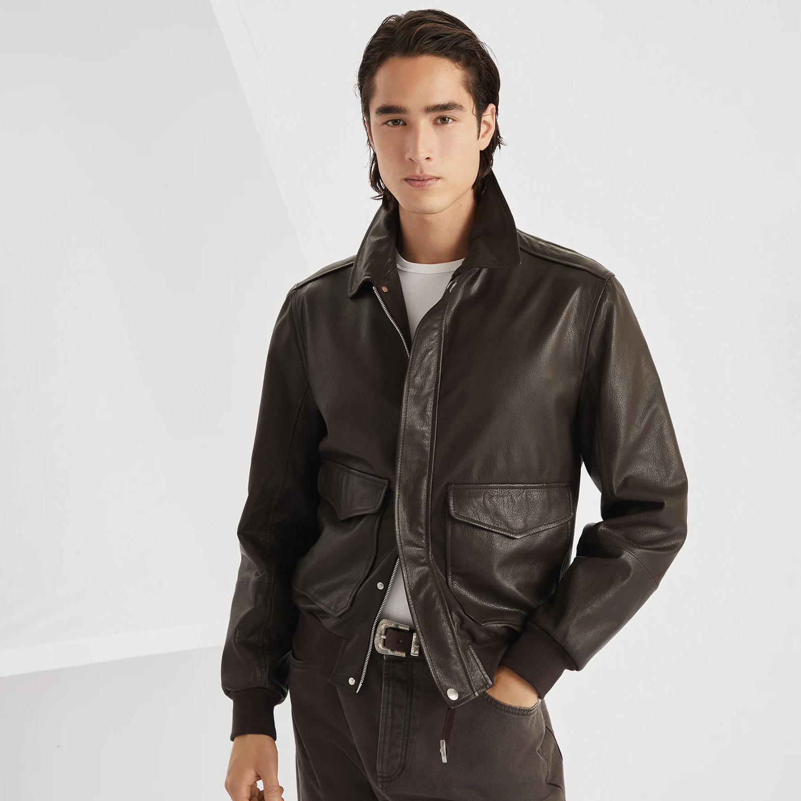 NIGO Brunello Cucinelli Men's Spring/Autumn Sheepskin Solid Color Zipper Collar Long Sleeve Grained Leather Aviator Jacket Ngvp #nigo2286