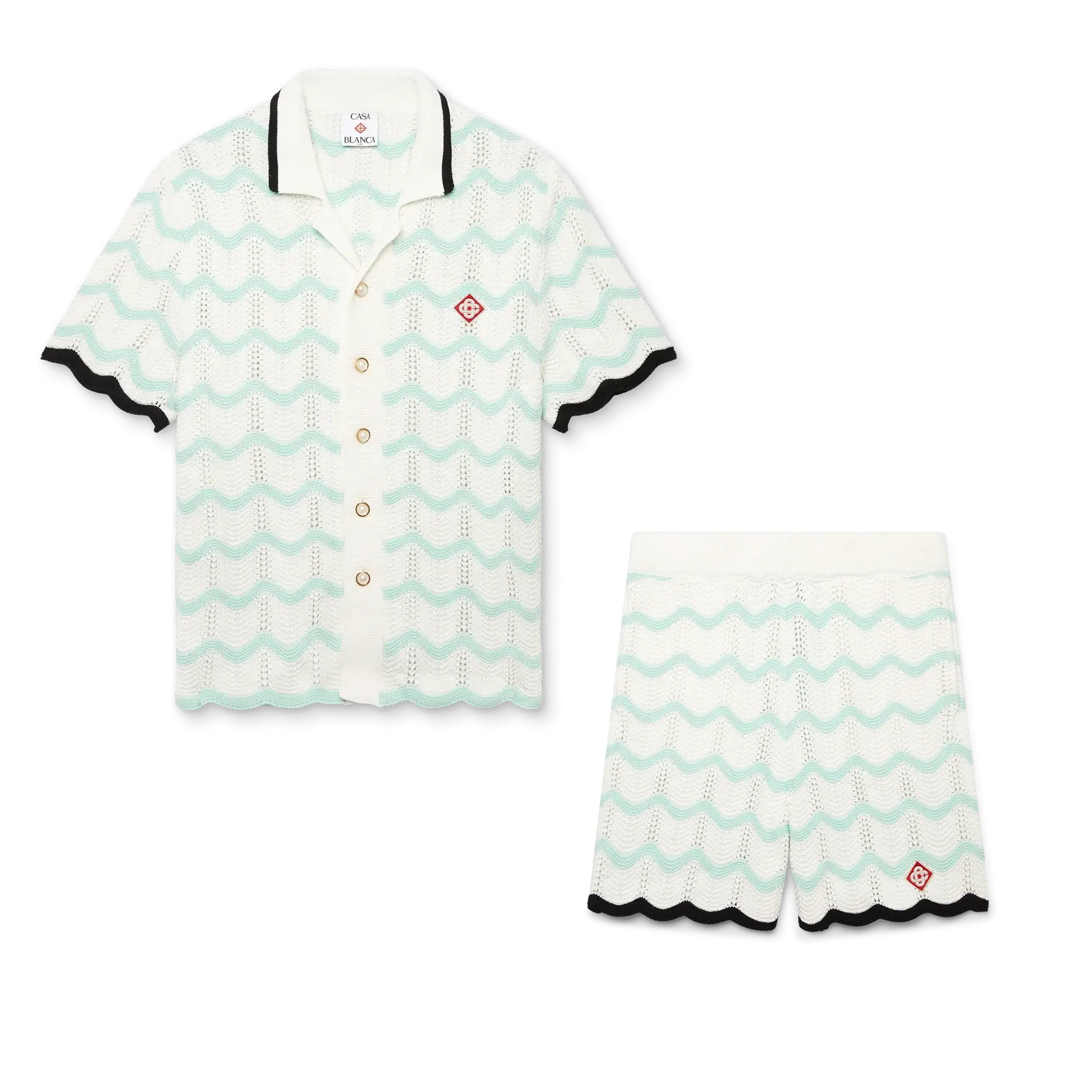 NIGO Casablanca Men's Summer Fashion Casual Knit Arch Wave Pattern Woven Pure Cotton Single Breasted Collar Shirt Waist Elastic Short Pants Suit Set #nigo78349