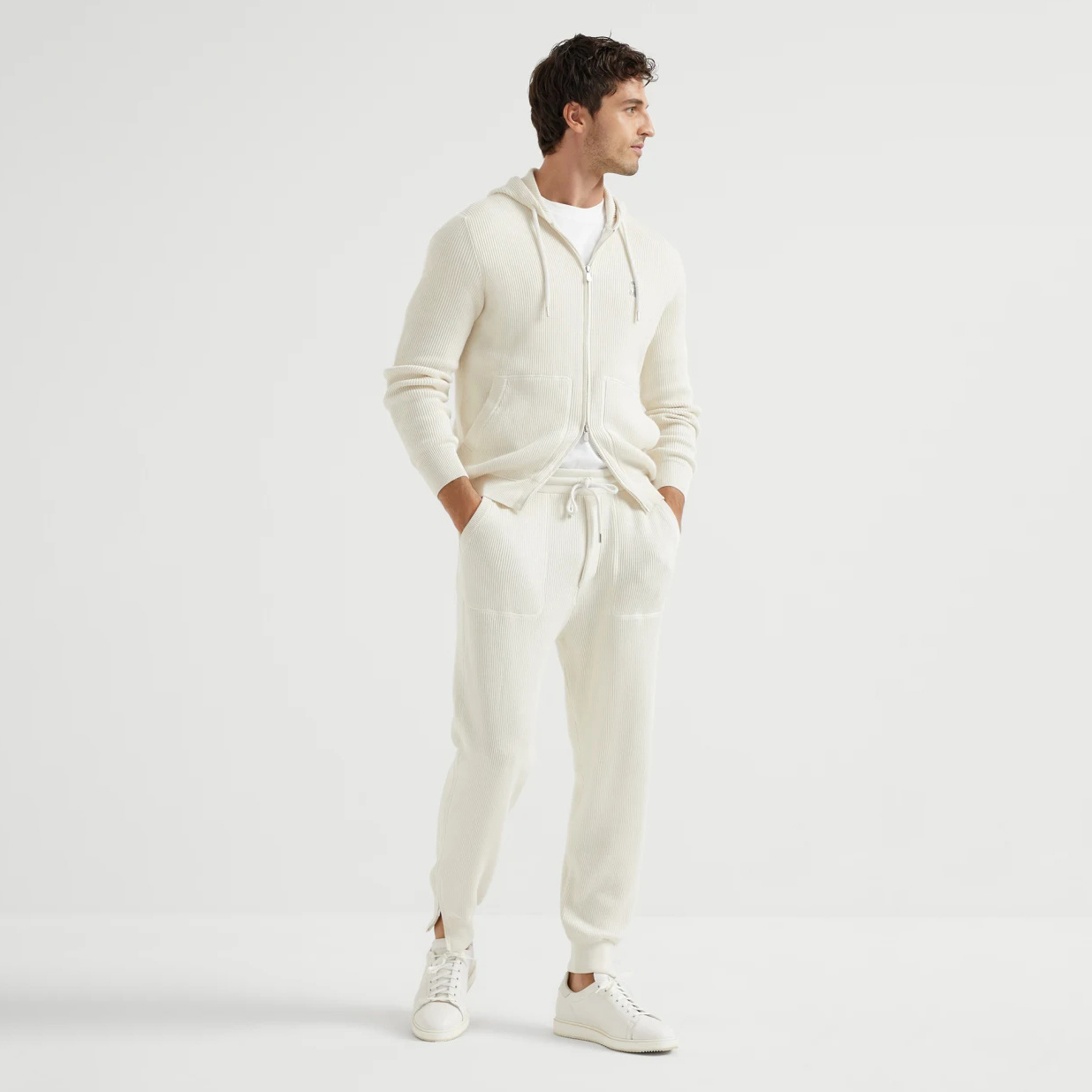 NIGO Brunello Cucinelli Men's Spring/autumn Fashion Casual Solid Color Logo Zipper Hoodie Ribbed Cotton Knit Pants Zipper Cuffs Suit Set #nigo78353