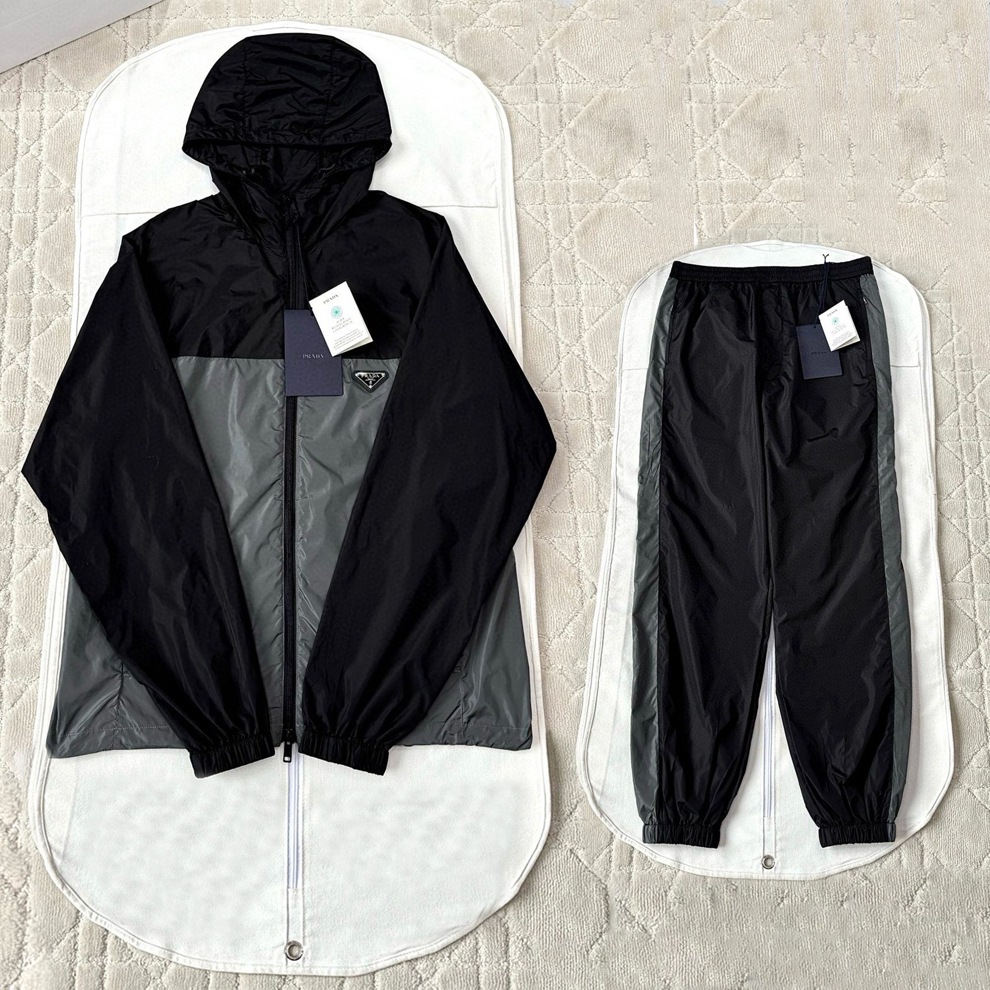 NIGO Prada Men's Spring/summer Fashion Casual Color Block Logo Badge Zipper Hooded Elastic Waist Loose Jacket Striped Patchwork Loose Cuffs Casual Pants Nylon Fabric Suit Set #nigo78355