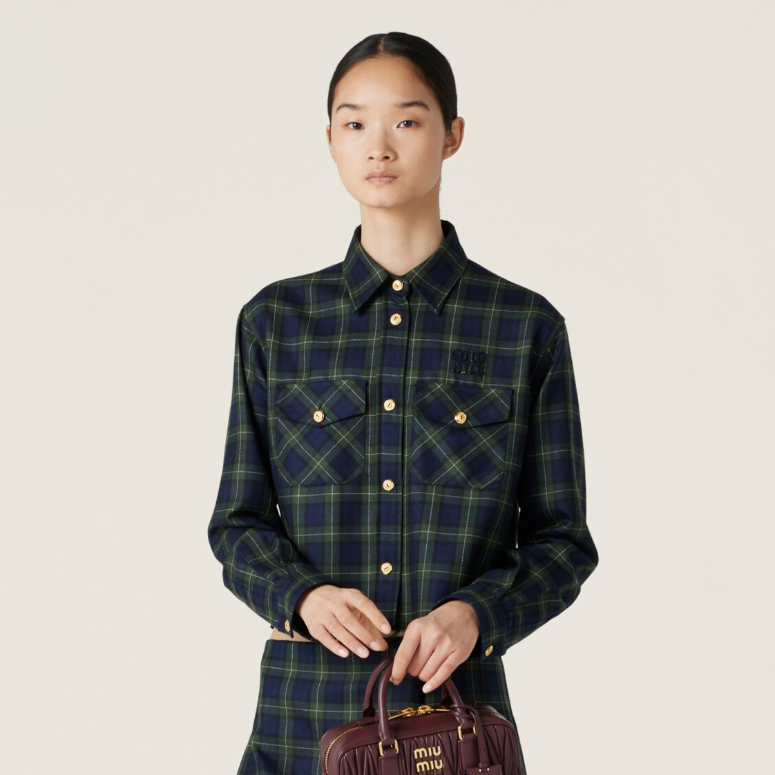 NIGO MiuMiu Women's Autumn/winter Fashion Casual Wool Fabric Plaid Collar Single Breasted Button Letter Patchwork Embroidered Checkered Short Shirt #nigo78356