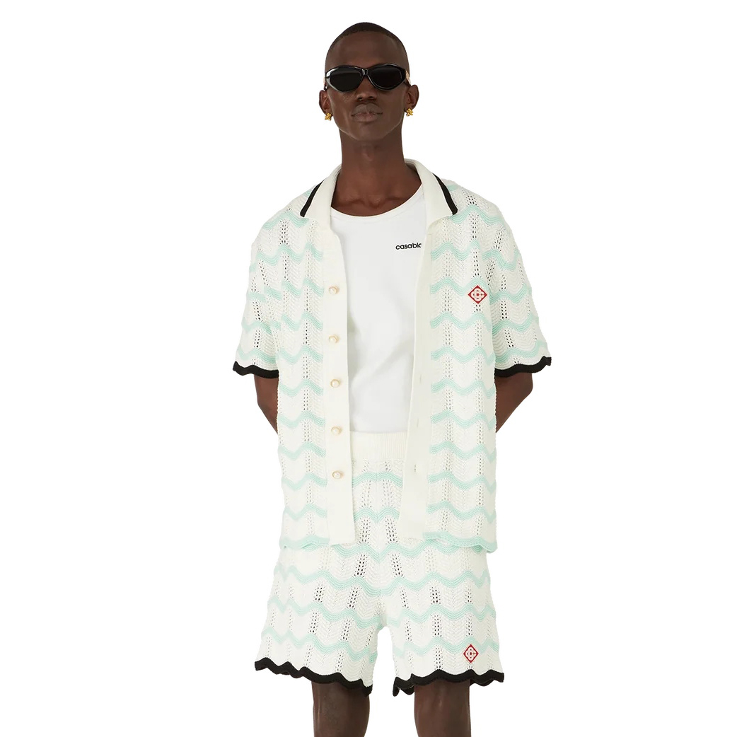 NIGO Casablanca Men's Summer Fashion Casual Knit Arch Wave Pattern Woven Pure Cotton Single Breasted Collar Shirt Waist Elastic Short Pants Suit Set #nigo78349
