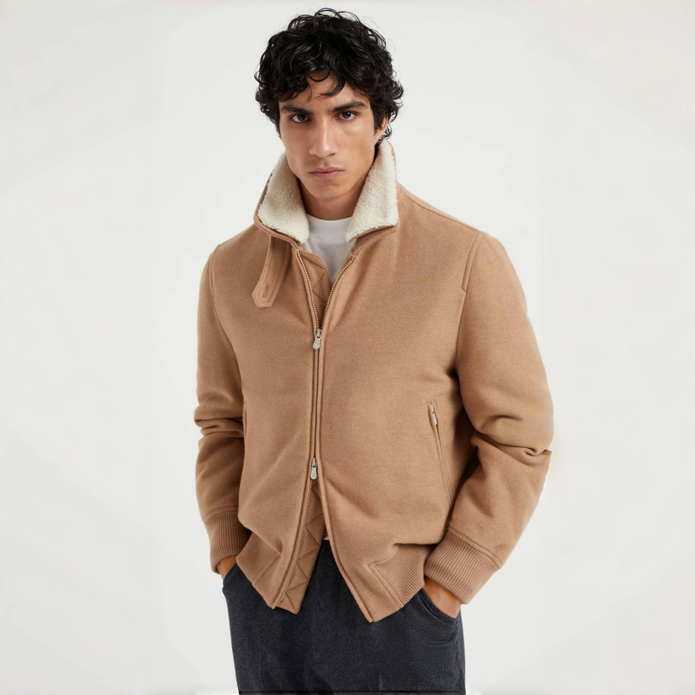 NIGO Brunello Cucinelli Men's Spring/Autumn Double-Chain Head Zipper Solid Color Detachable Collar Long Sleeve Pilot Jacket Ngvp #nigo2291