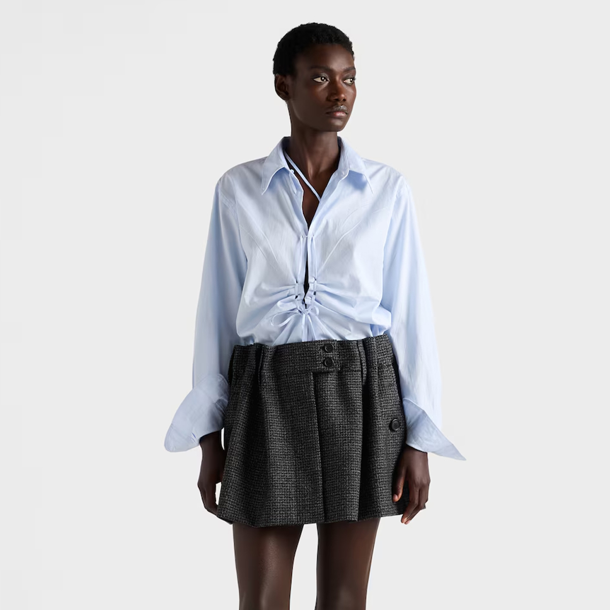 NIGO Prada Women's Spring/Autumn Cotton Pleated Tie-Front Collar Long-Sleeved Solid Color Fil-à-fil Shirt Ngvp #nigo2292