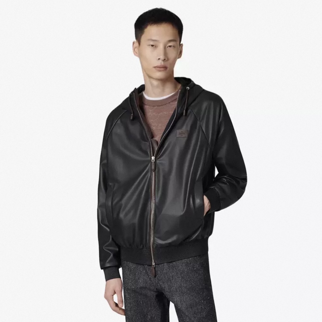 NIGO Berluti Men's Spring/autumn Fashion Casual Solid Color Zipper Leather Hooded Long Sleeve Jacket #nigo78367