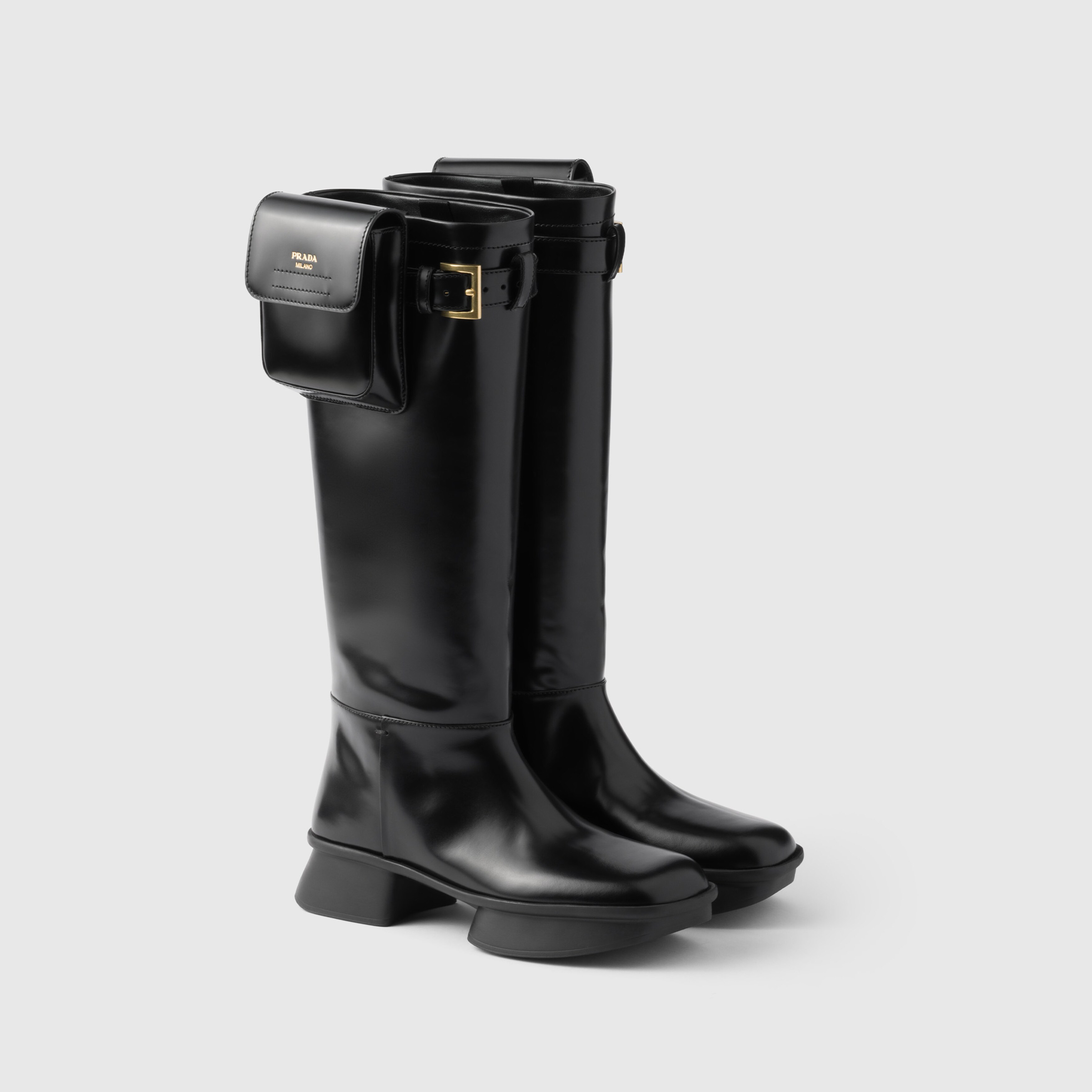 NIGO Prada Women's Autumn/winter Fashion Classic Solid Color Round Toe Buckle Shiny Leather High Top Thick Sole Boots Shoes #nigo78385