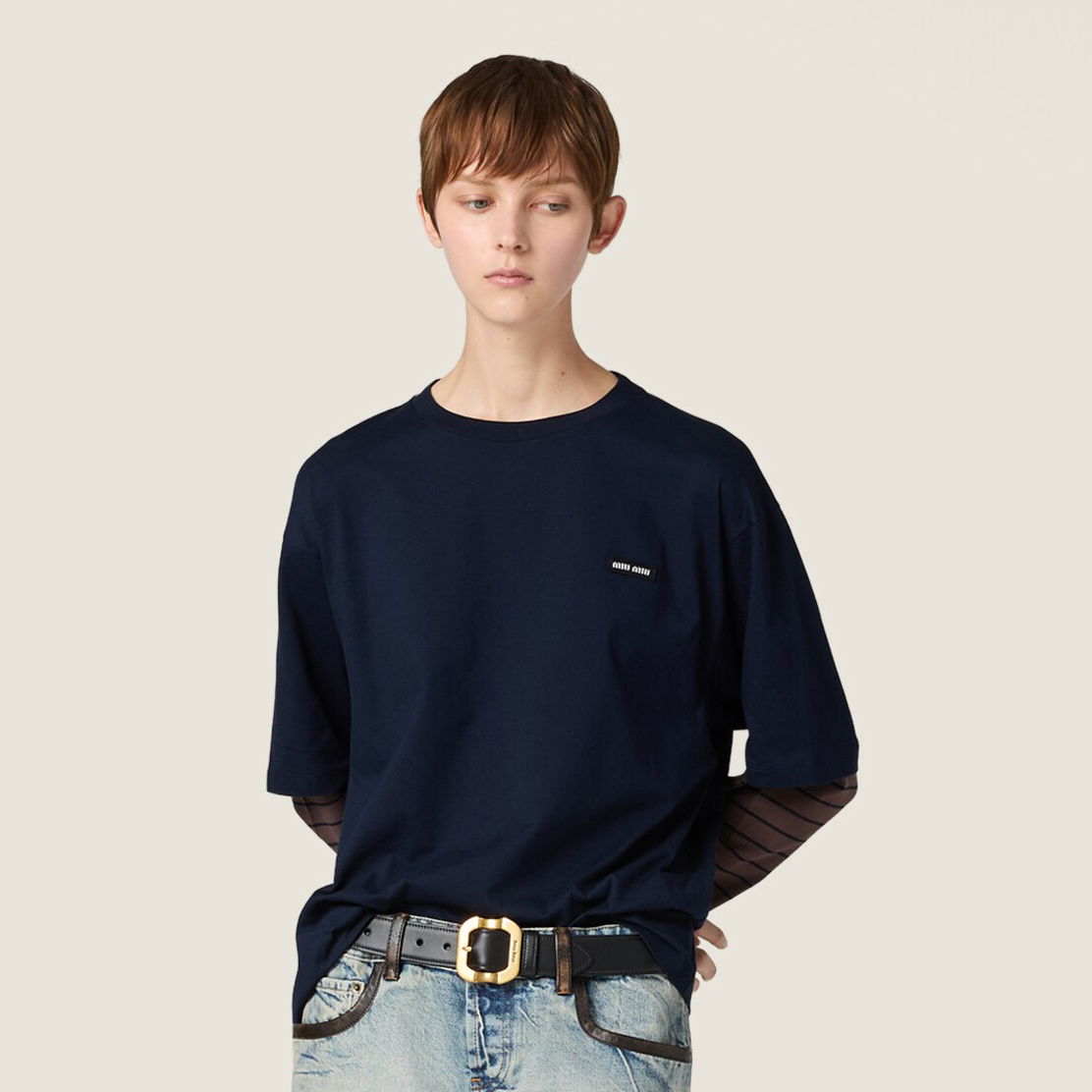 NIGO MiuMiu Women's Spring/autumn Fashion Casual Two Piece Color Block Round Neck Striped Long Sleeve Plain Knit T-Shirt #nigo78389