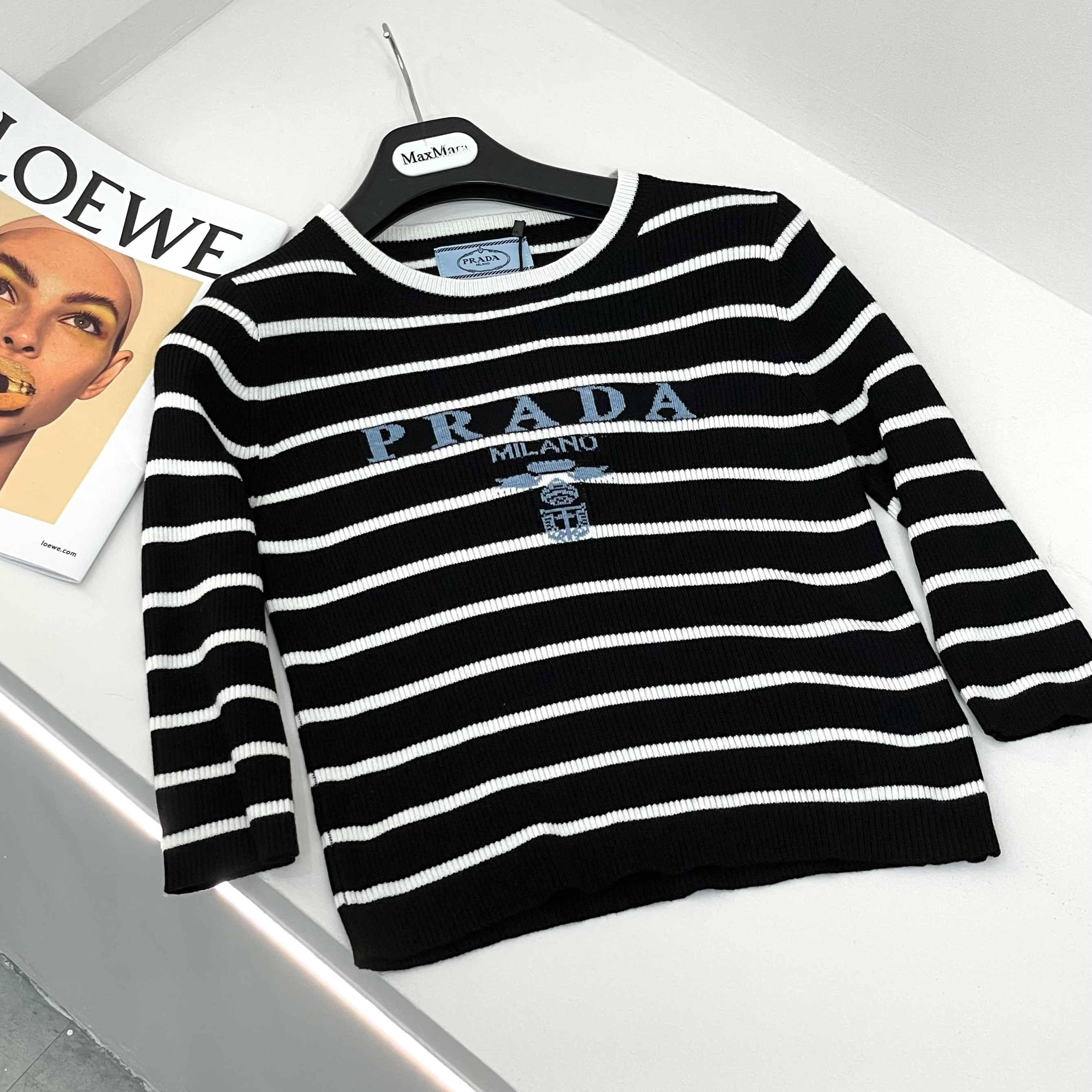 NIGO Prada Women's Autumn/Winter Fashion Casual Striped Color-Block Logo Letter Round Neck Wool Knit Sweater #nigo78375