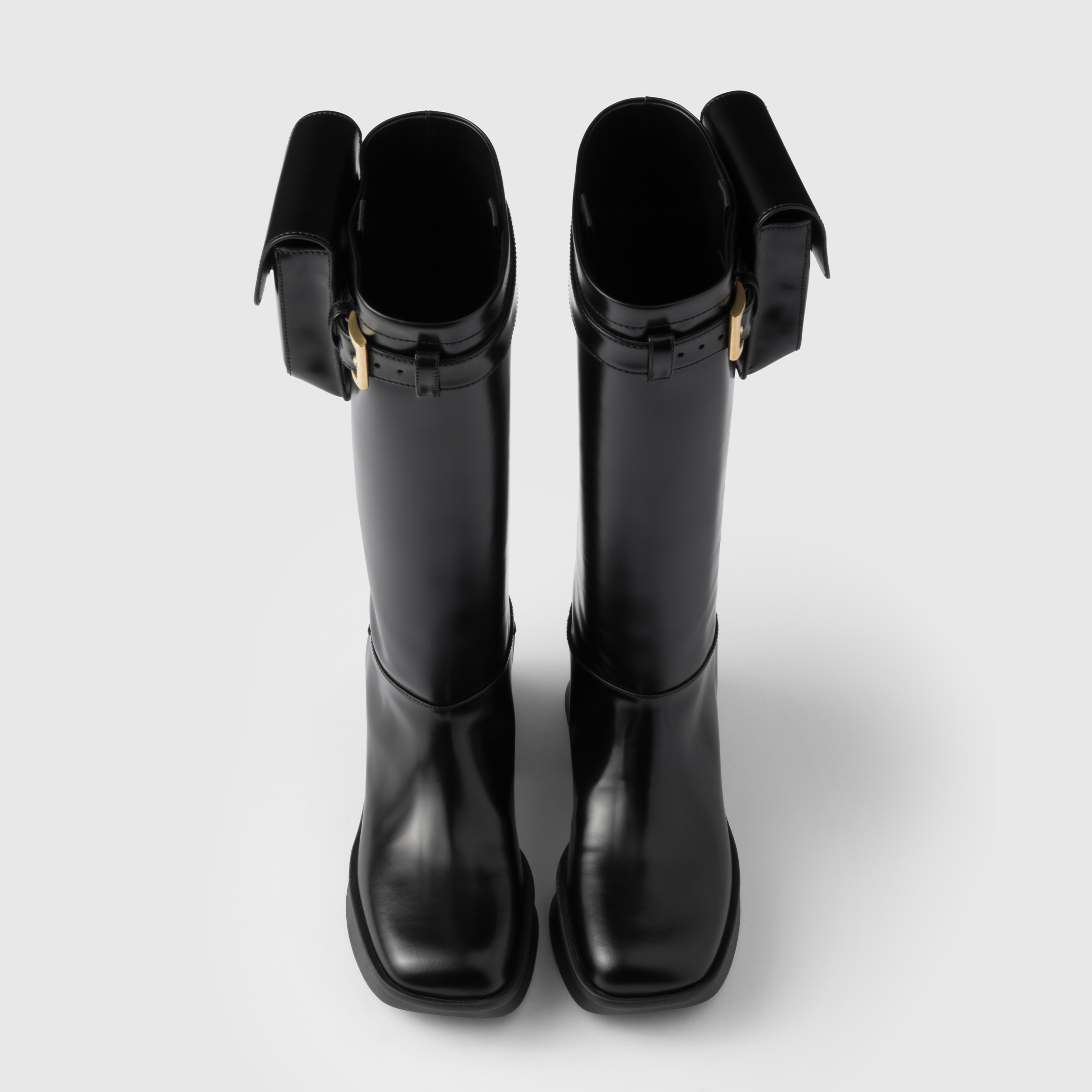 NIGO Prada Women's Autumn/winter Fashion Classic Solid Color Round Toe Buckle Shiny Leather High Top Thick Sole Boots Shoes #nigo78385