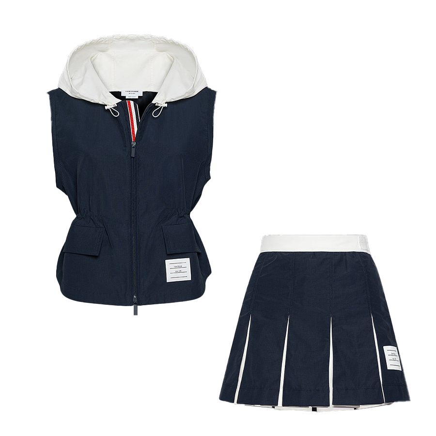 L NIGO Women's Spring/Summer Drawstring Color-Block Sleeveless Zipper Hooded Vest And Casual Pleated Mini Skirt