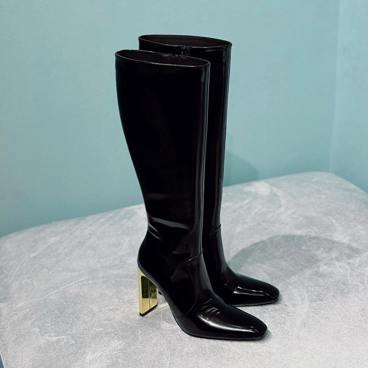 NIGO Saint Laurent Women's Autumn/Winter Leather Square Toe High Boots Solid Color Zipper Retro Chunky Heel High Heels Heel Height 11cm #nigo81491