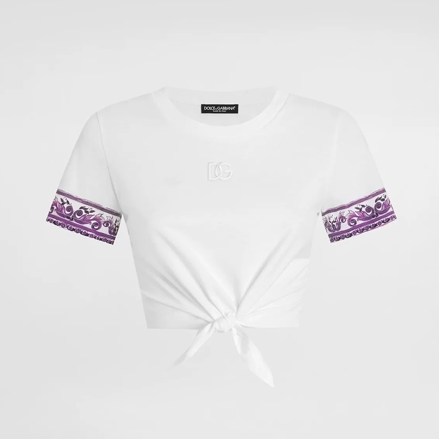 NIGO Dolce&Gabbana Women's Summer Logo Embroidered Tie-Front Round Neck Solid Color Silk Short Sleeve T-Shirt #nigo81493