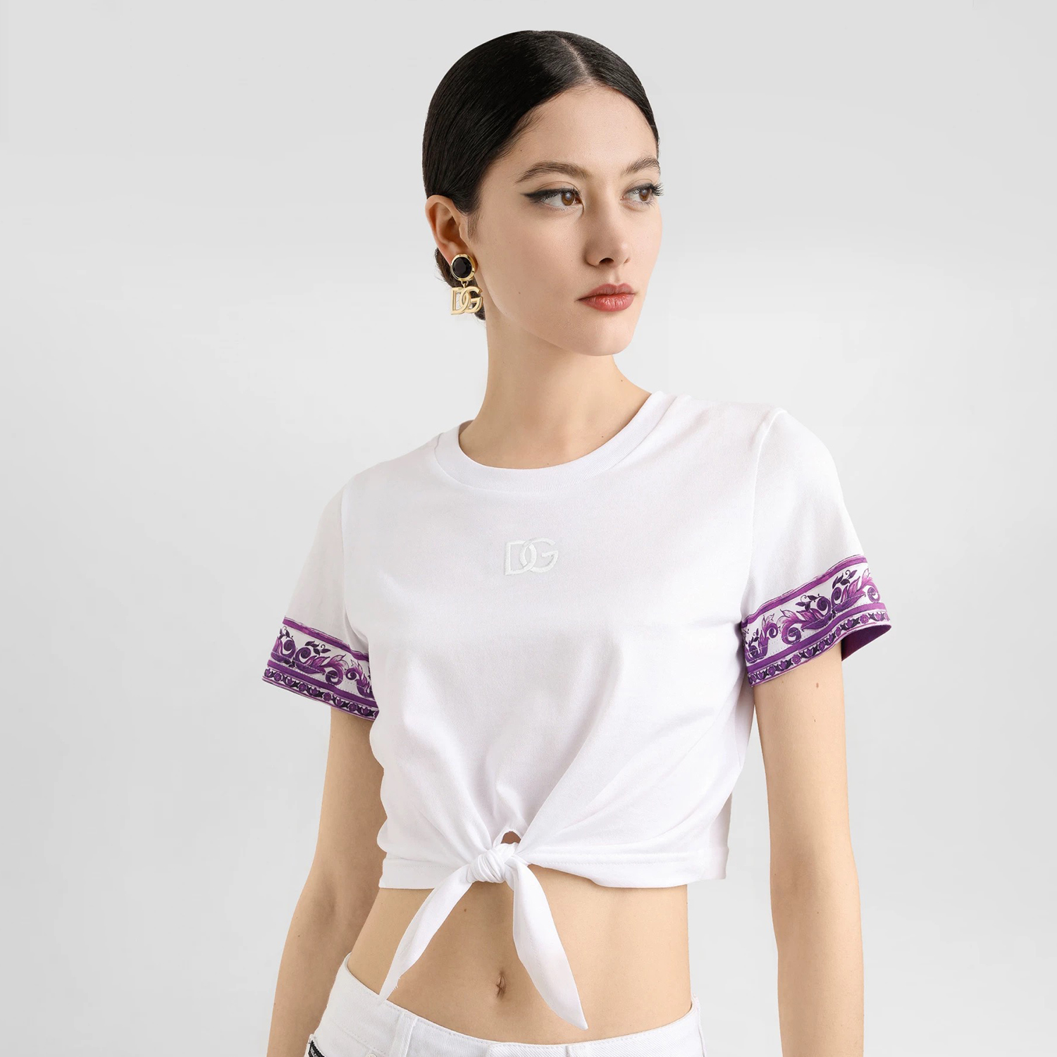 NIGO Dolce&Gabbana Women's Summer Logo Embroidered Tie-Front Round Neck Solid Color Silk Short Sleeve T-Shirt #nigo81493