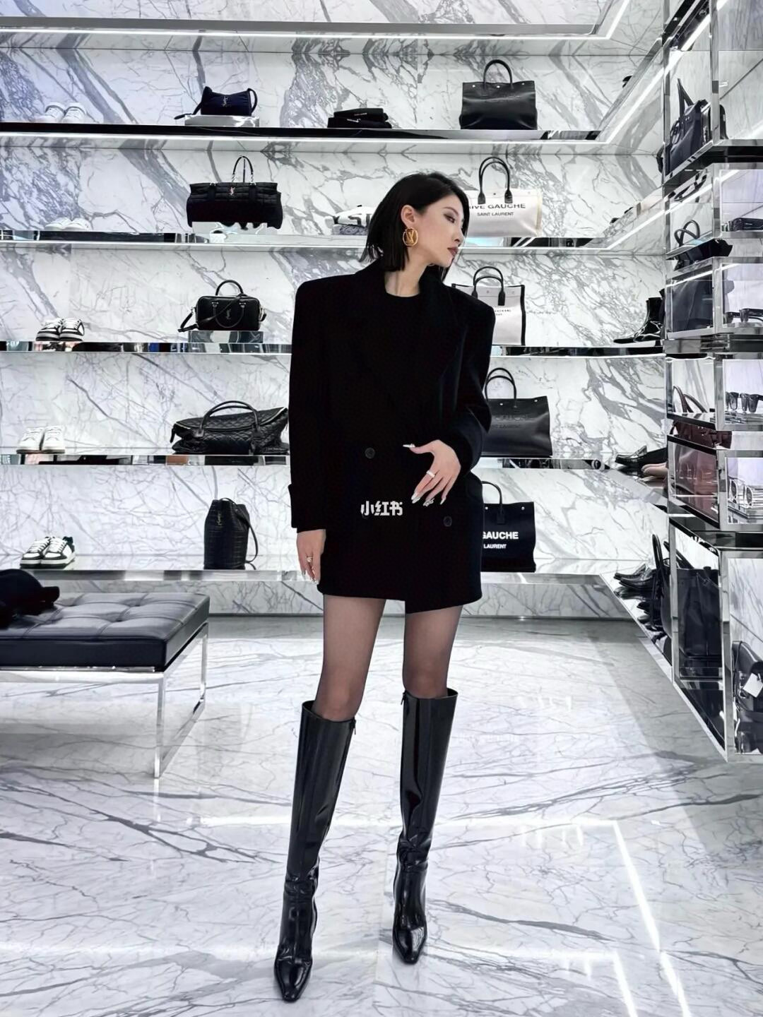 NIGO Saint Laurent Women's Autumn/Winter Leather Square Toe High Boots Solid Color Zipper Retro Chunky Heel High Heels Heel Height 11cm #nigo81491