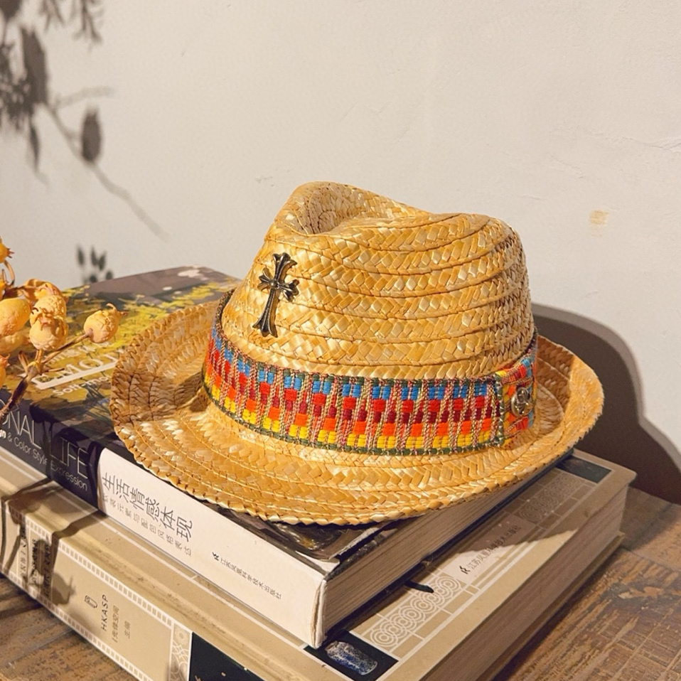 NIGO Chrome Hearts Men's And Women's Fashionable Casual Woven Straw Hat Classic Silver Cross Beach Cap Accessories #nigo81522