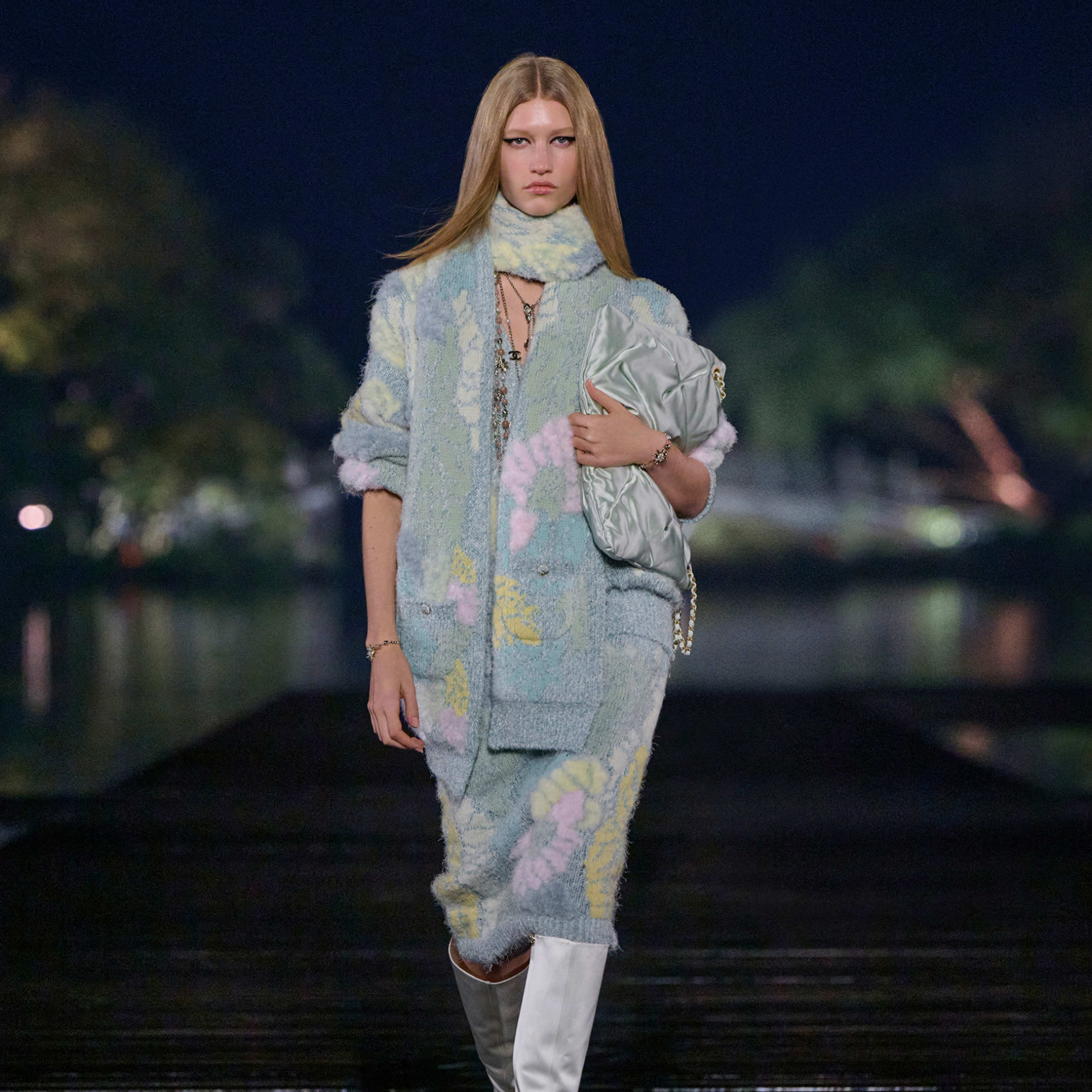 NIGO Chanel Women's Spring/Fall Fashion Classic Single Breasted High End Handmade Pure Wool Macaron Color Block Feather Floral Long Sleeved Cardigan Mid Length Casual Long Skirt Suit Set #nigo78392