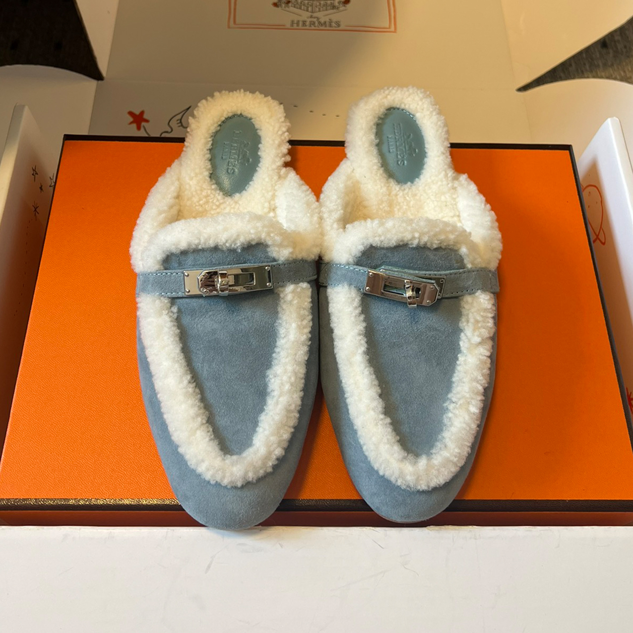 NIGO Hermes Women's Winter Suede Round-Toe Flat Half-Slip-On Shoes, Casual Solid Color Slip-On Slippers #nigo81517