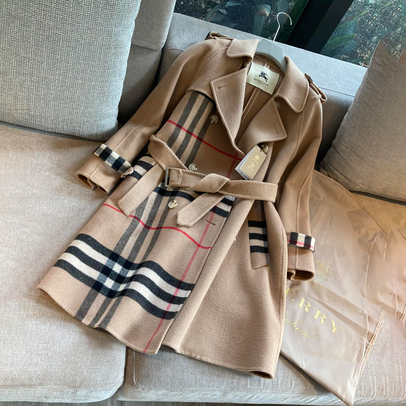 NIGO Burberry Women's Autumn/winter Fashion Classic Checkered Collar Cashmere Fabric Belted Lightweight Long Trench Coat Jacket #nigo78414