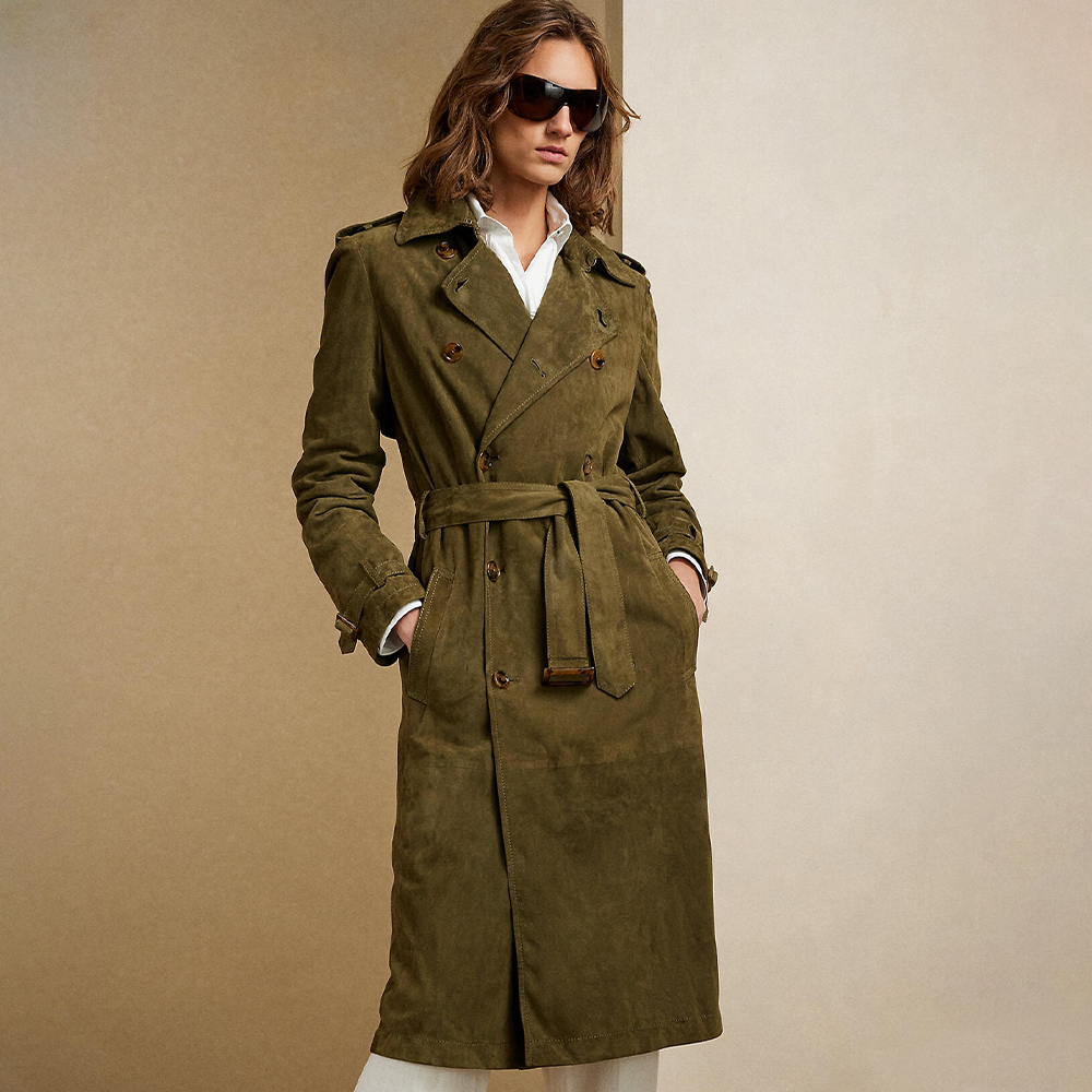 NIGO Ralph Lauren Women's Autumn/Winter Sheepskin Suede Leather Double-Breasted Vintage Belt Solid Color Lapel Long Coat Jacket Ngvp #nigo2298