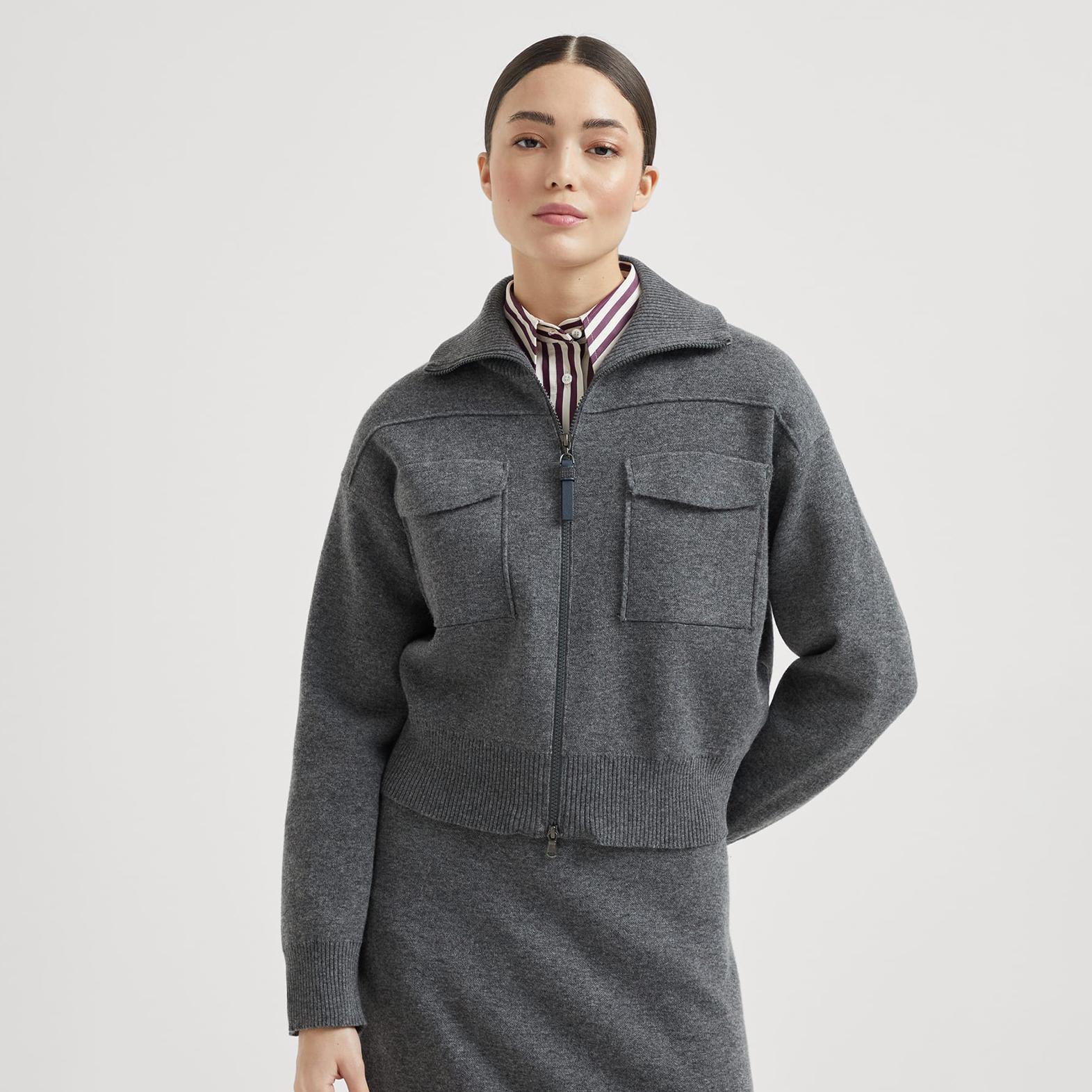 NIGO Brunello Cucinelli Women's Spring/Fall Cashmere High-Neck Zipper Coat Solid Color Long-Sleeve Double-Faced Knit Cardigan With Shiny Zipper Pull Ngvp #nigo2312