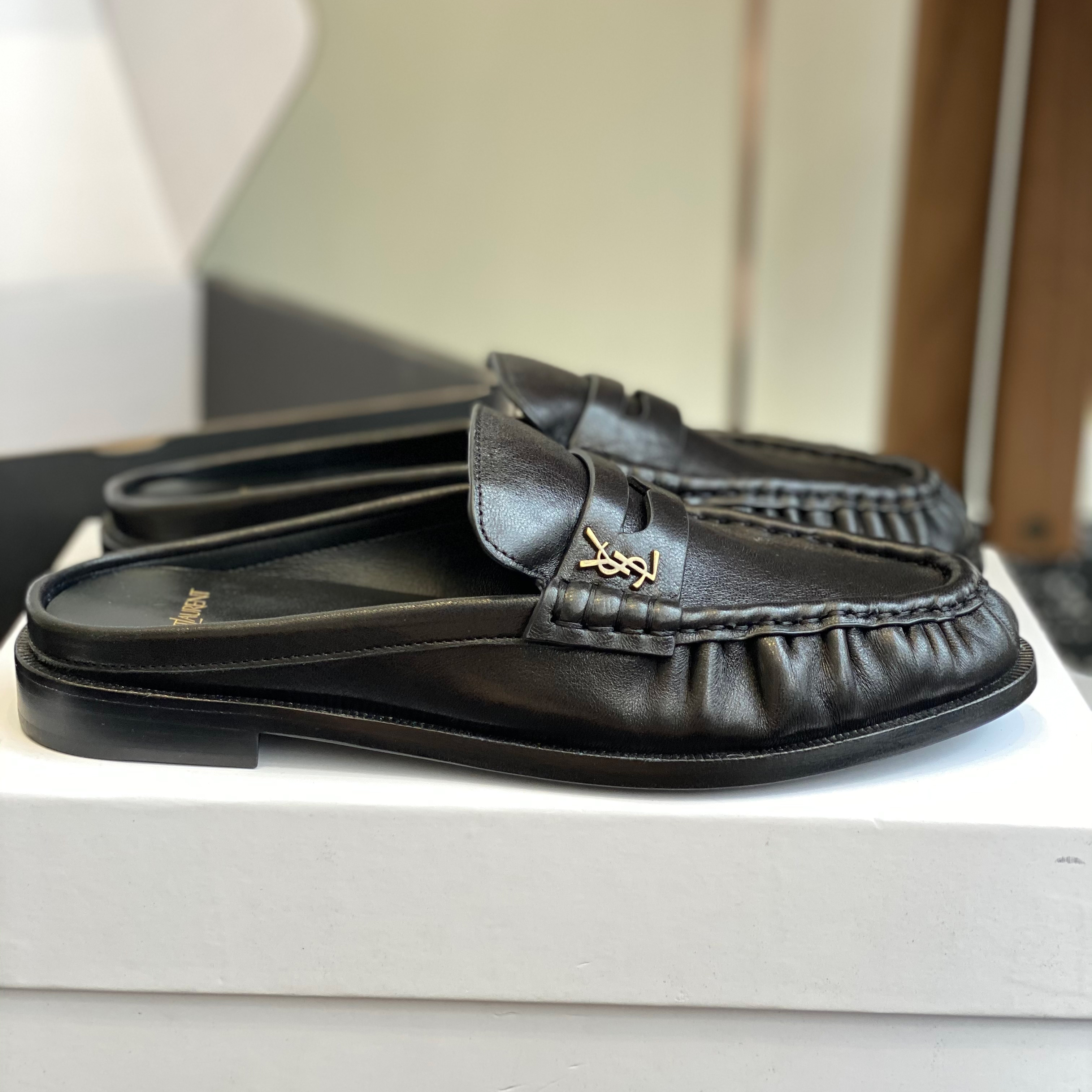 NIGO Saint Laurent LE LOAFER Women's Fashion Casual Round Toe Slip On Half Slip On Logo Leather Loafer Mule Shoes #nigo78444