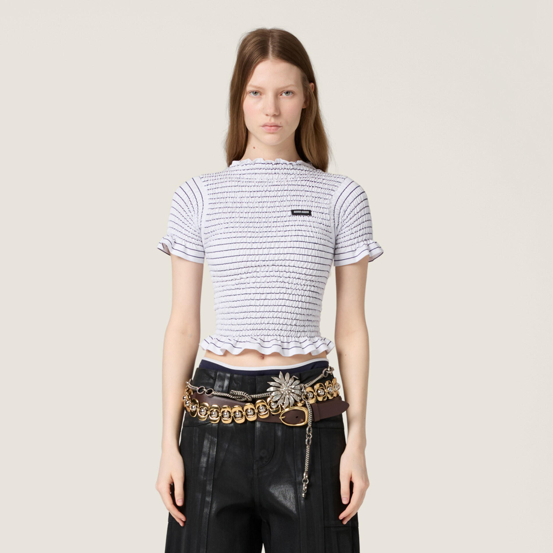 NIGO MiuMiu Women's Summer Fashion Casual Pleated Striped Solid Color Knitted Top T-Shirt #nigo78443