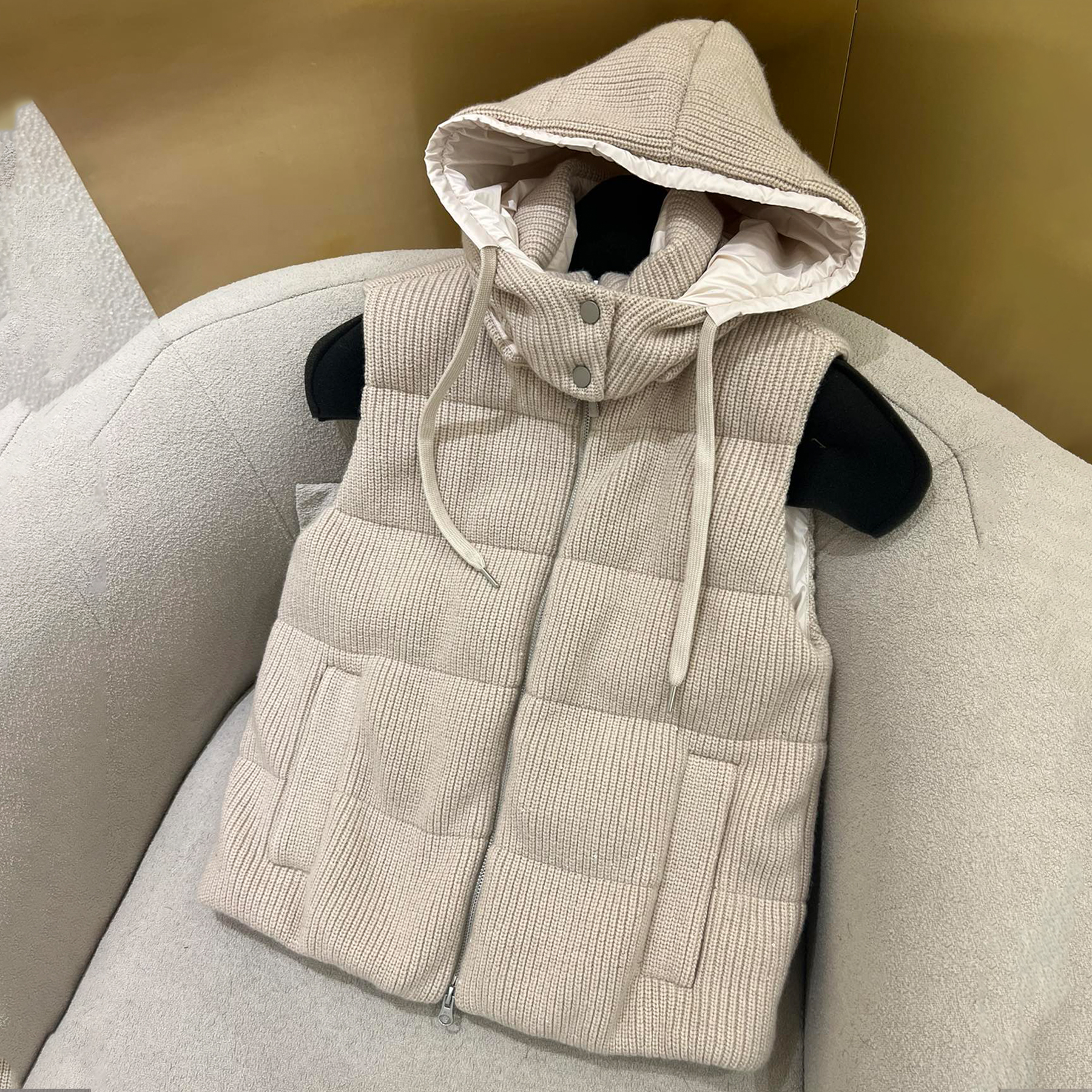 NIGO Brunello Cucinelli Women's Fall/winter Cotton British Ribbed Knit Down Vest Hooded Drawstring Sleeveless Jacket Ngvp #nigo2417