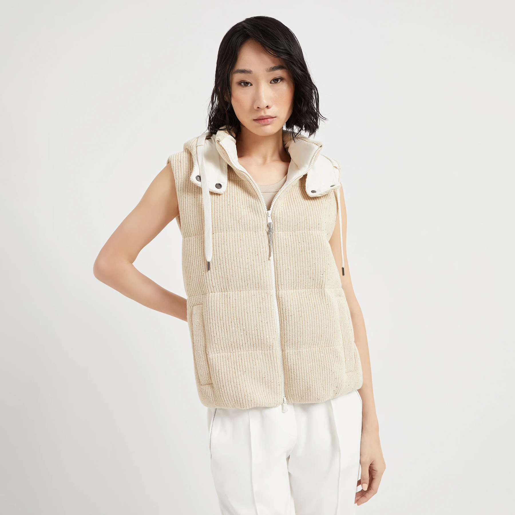 NIGO Brunello Cucinelli Women's Fall/winter Cotton British Ribbed Knit Down Vest Hooded Drawstring Sleeveless Jacket Ngvp #nigo2417