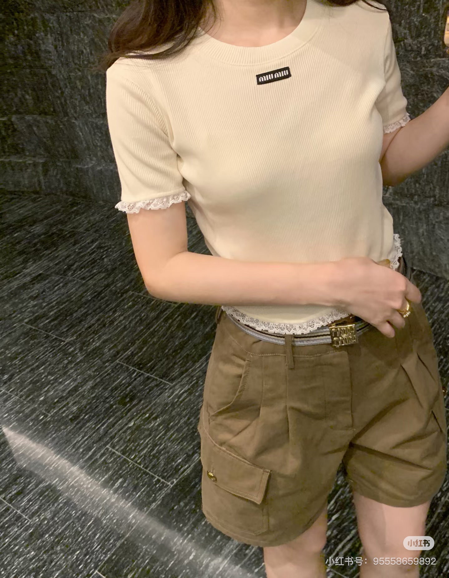 NIGO MiuMiu Lace White Knitted T-shirt Women's Spring And Summer Fashionable And Elegant Slim Patch Logo Round Neck Short-sleeved T-shirt Tops #nigo81439