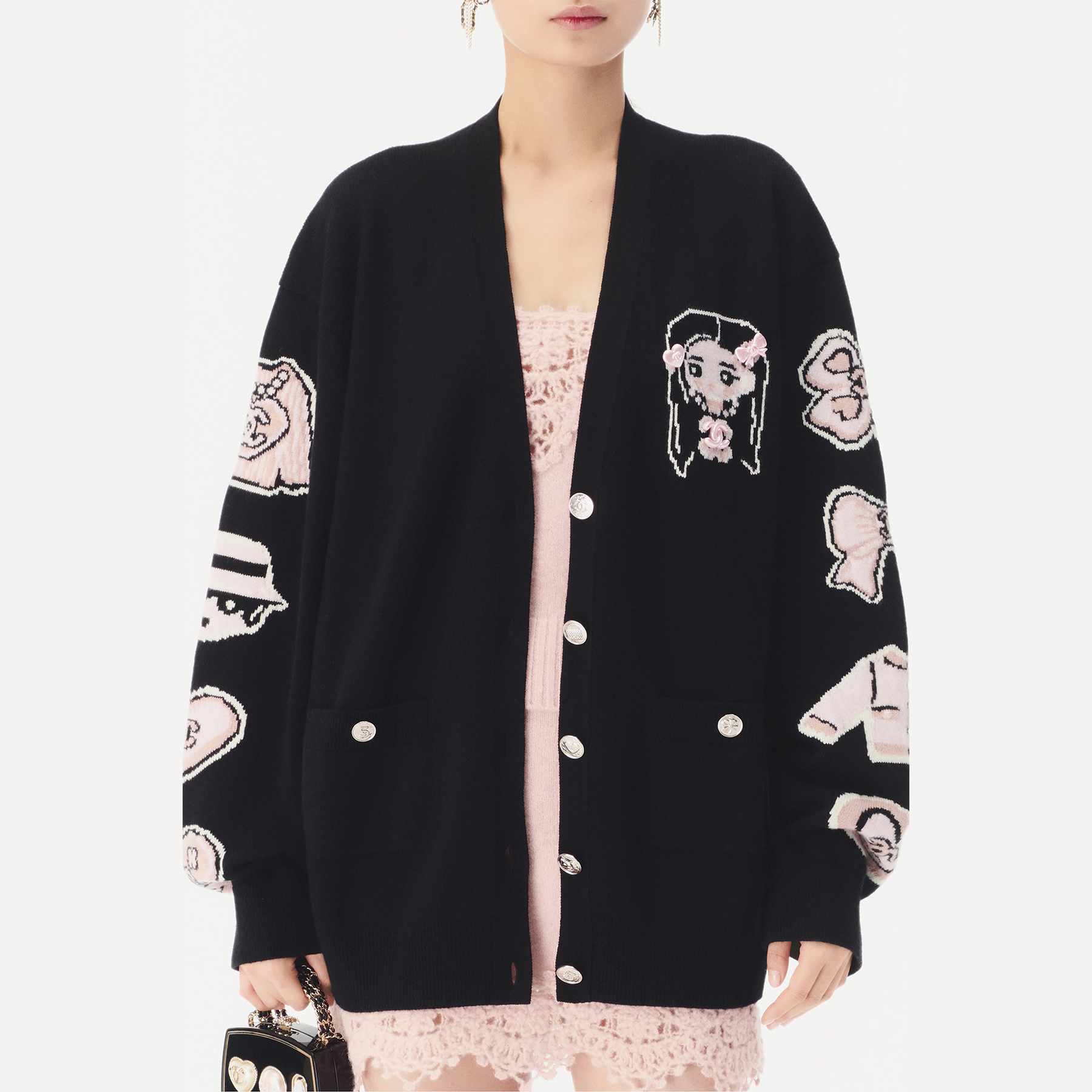 NIGO Chanel Women's Fall And Winter Jacquard Knit Pattern Cardigan Sweater Single-breasted Temperament Elegant Black Cardigan Jacket #nigo81446