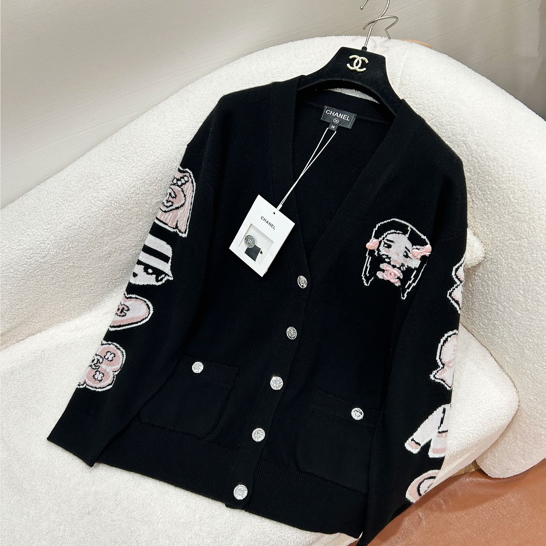 NIGO Chanel Women's Fall And Winter Jacquard Knit Pattern Cardigan Sweater Single-breasted Temperament Elegant Black Cardigan Jacket #nigo81446