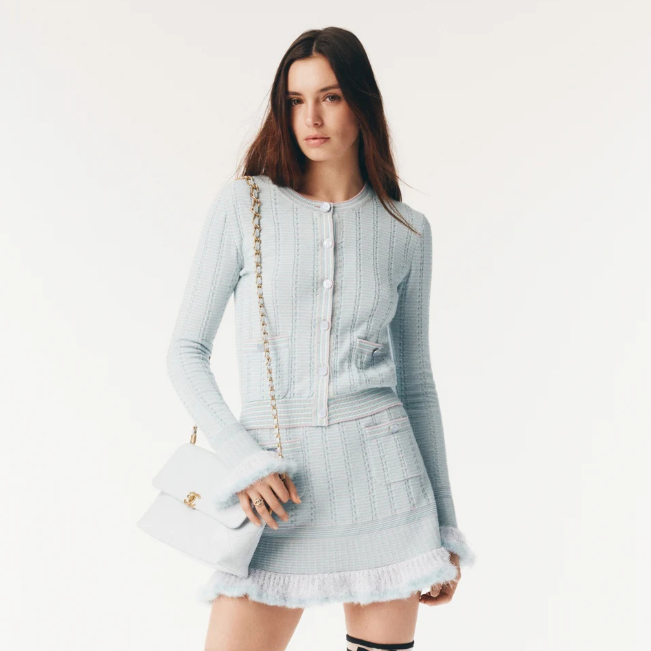 NIGO Chanel Women's Spring/fall Fashion Classic Crew Neck Single Button Long Sleeve Knit Top With Waist Defining Knit Skirt Suit Set #nigo78461