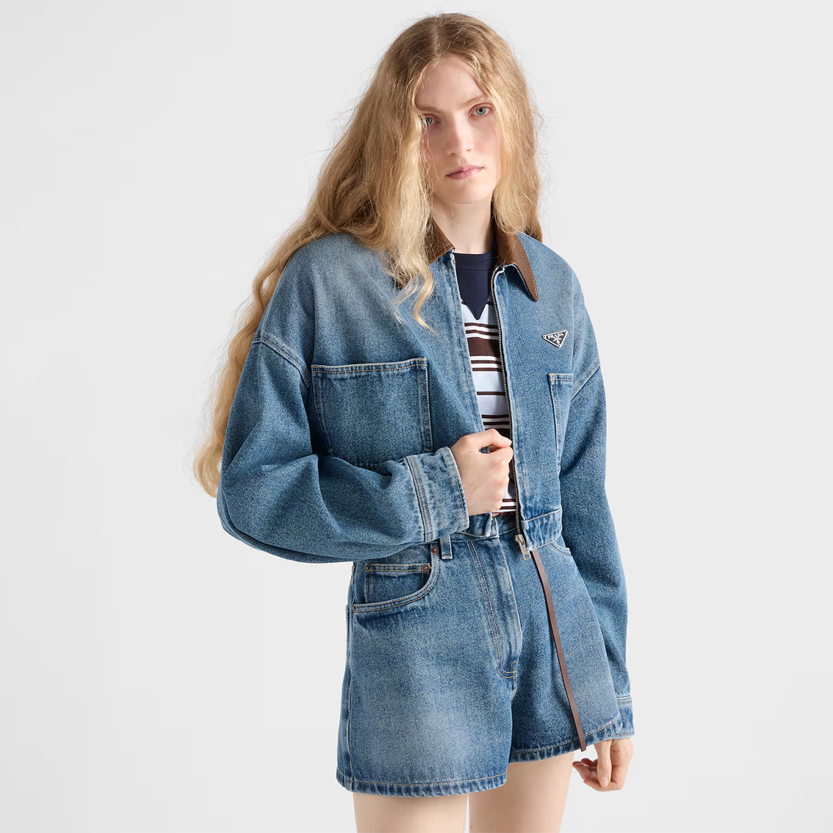 NIGO Prada Women's Vintage Patchwork Leather Collar Spring/Fall Solid Color Logo Zipper Short Cotton Denim Jacket #nigo81525