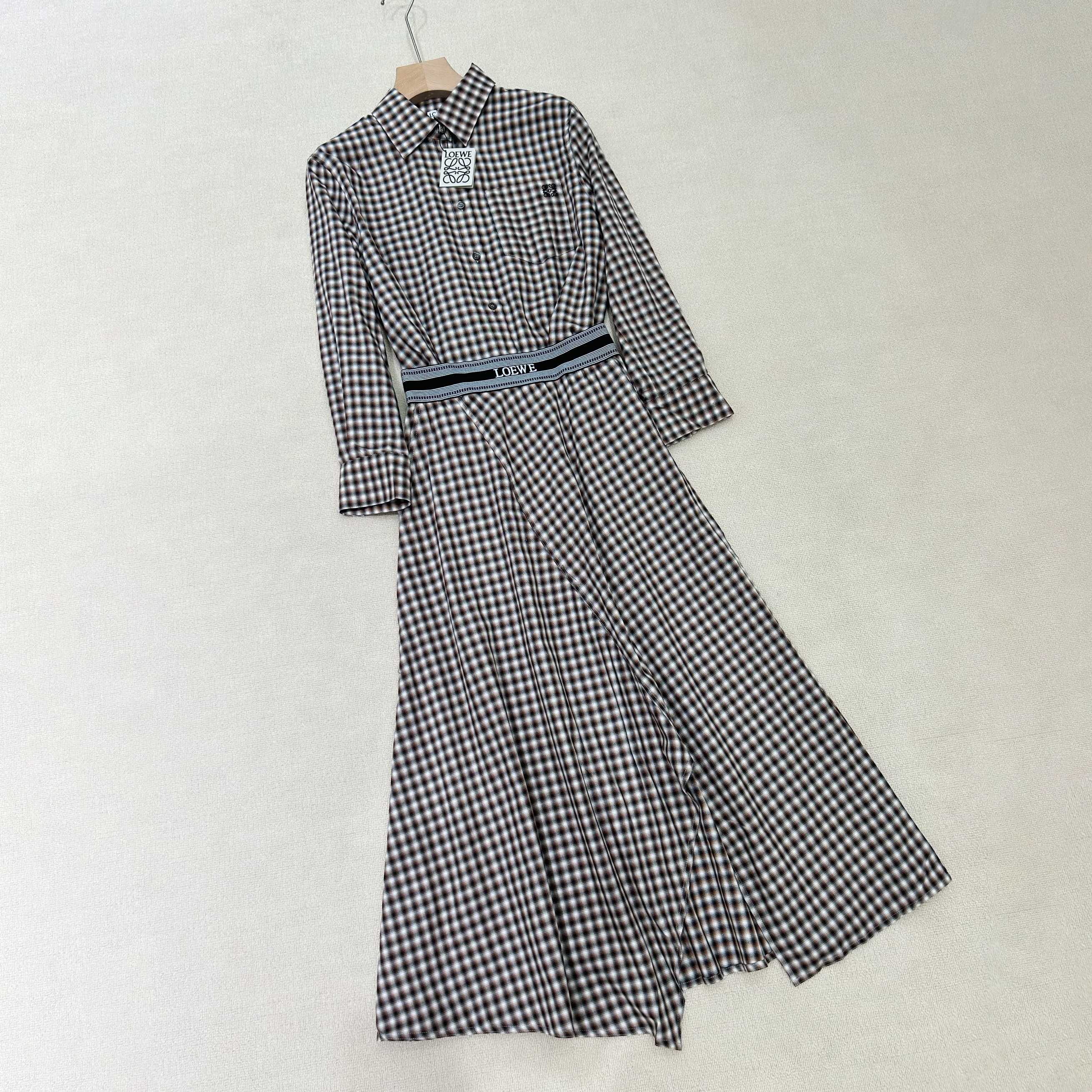 NIGO Loewe Women's Summer Fashion Casual Collared Single Breasted Long Sleeve Plaid Shirt Asymmetrical Waist Cinched Skirt Suit Set #nigo78454