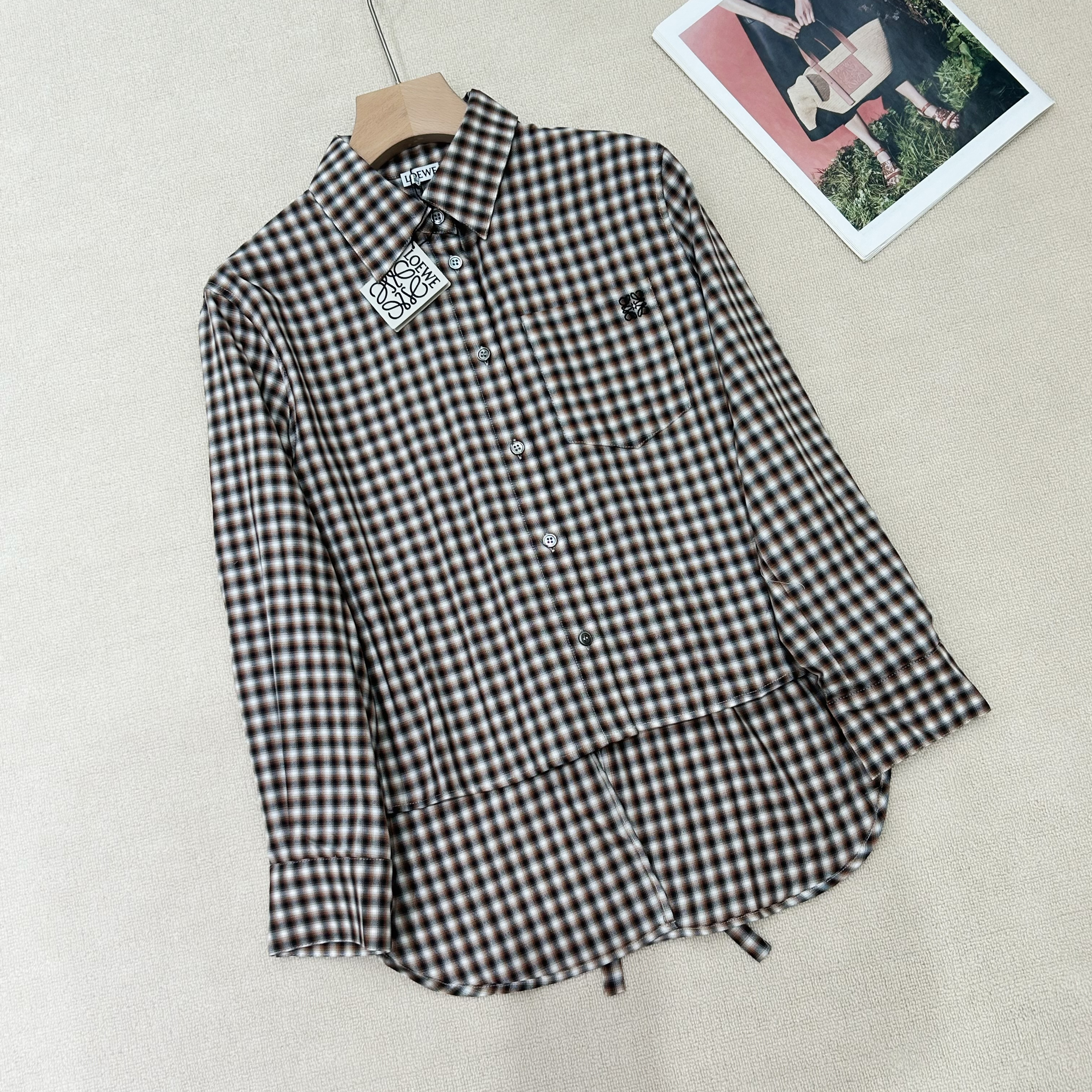 NIGO Loewe Women's Summer Fashion Casual Collared Single Breasted Long Sleeve Plaid Shirt Asymmetrical Waist Cinched Skirt Suit Set #nigo78454