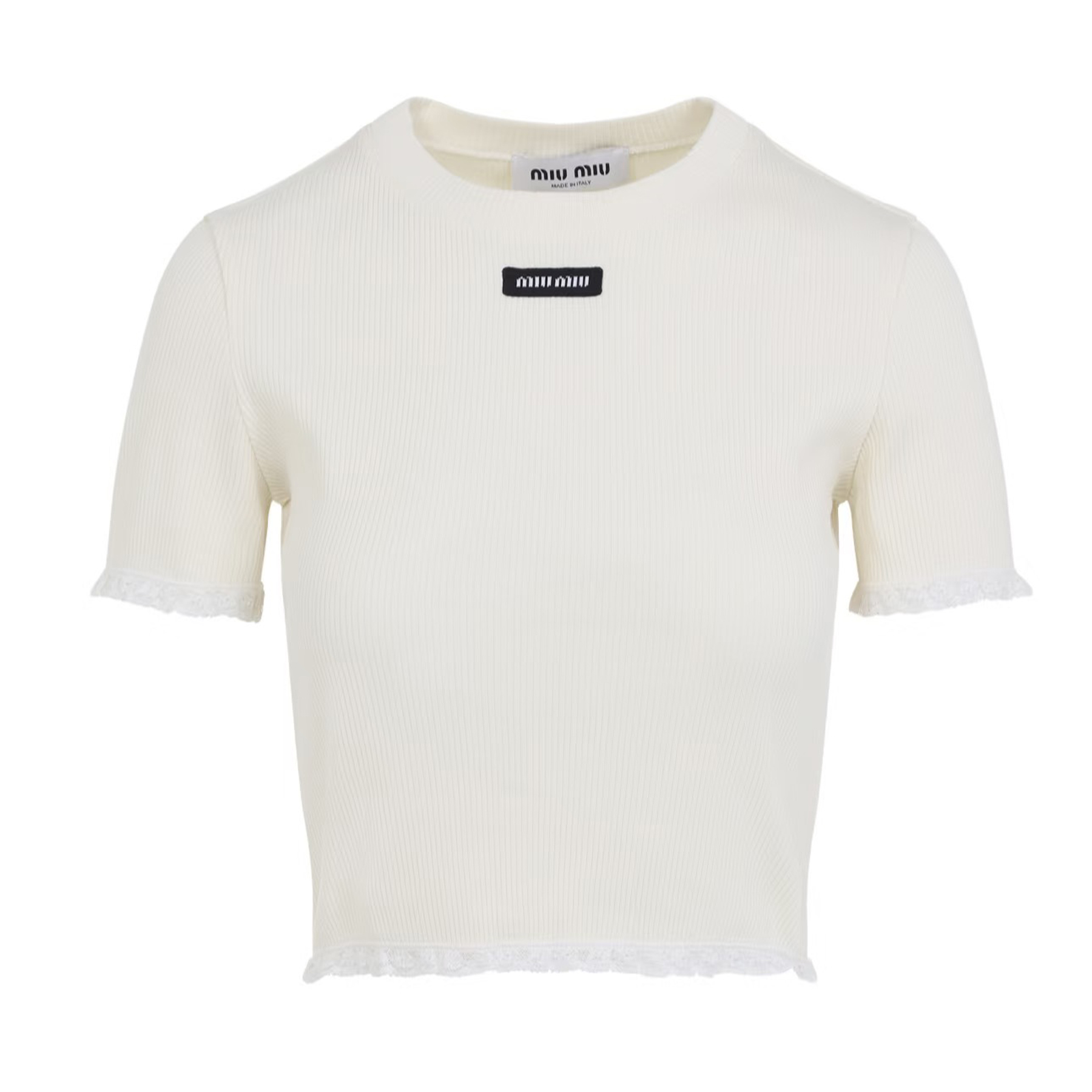 NIGO MiuMiu Lace White Knitted T-shirt Women's Spring And Summer Fashionable And Elegant Slim Patch Logo Round Neck Short-sleeved T-shirt Tops #nigo81439
