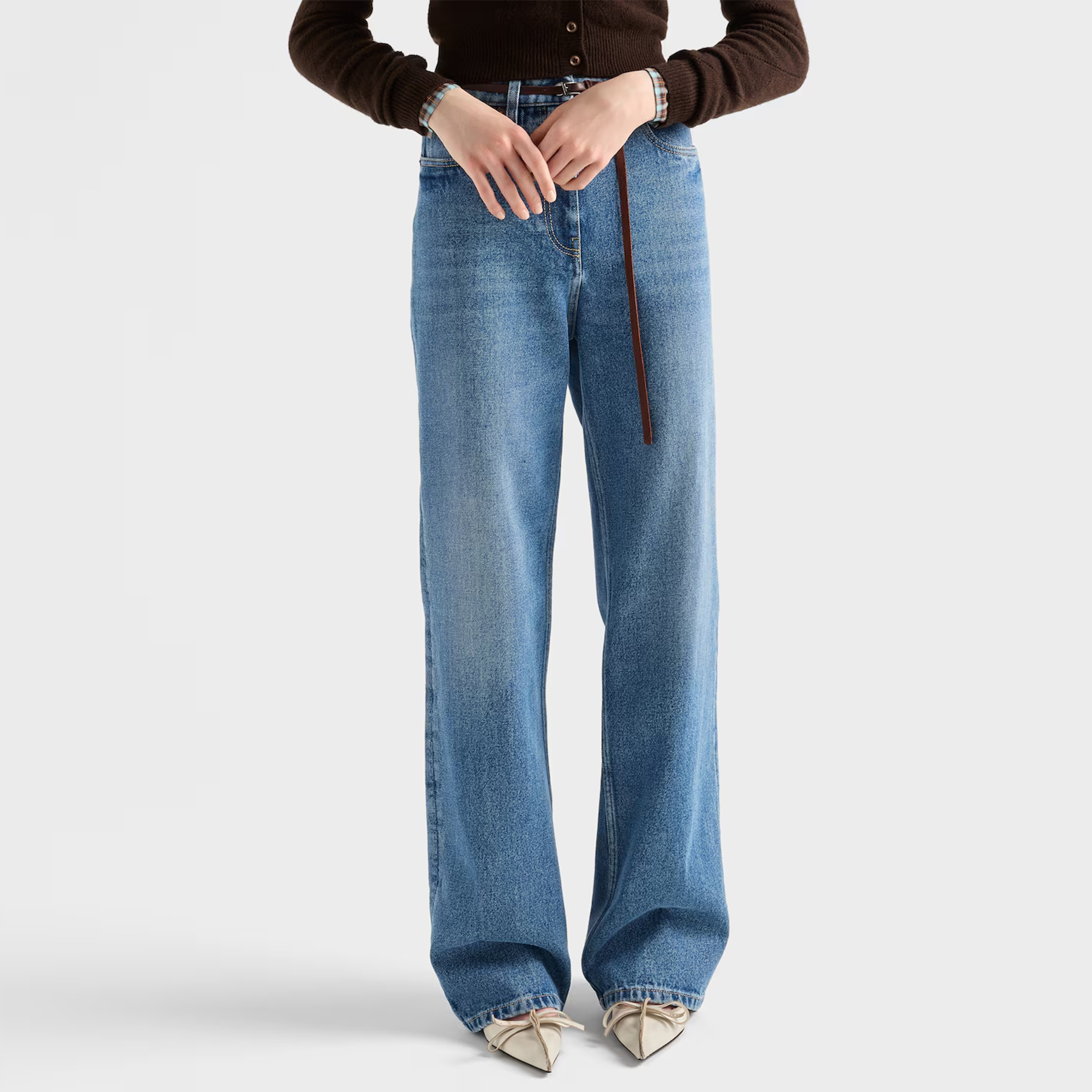 NIGO Prada Women's Spring And Fall Five-pocket Jeans Loose Retro Washed Fashion Elegant Triangle Metal Emblem Logo Straight Long Denim Pants  #nigo81442