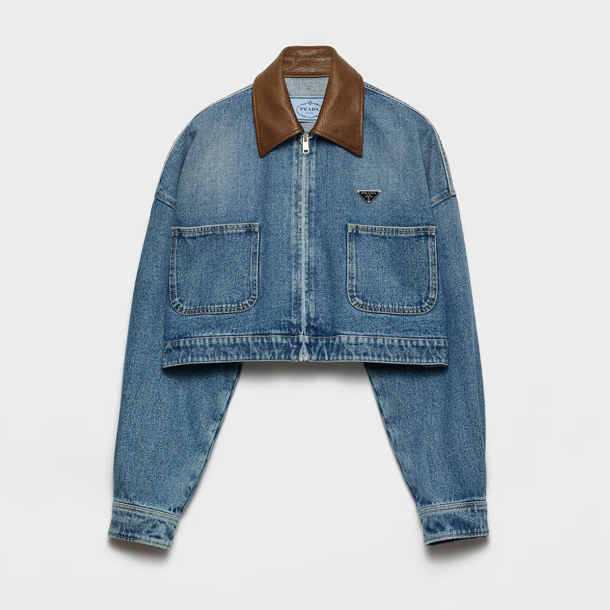 NIGO Prada Women's Vintage Patchwork Leather Collar Spring/Fall Solid Color Logo Zipper Short Cotton Denim Jacket #nigo81525