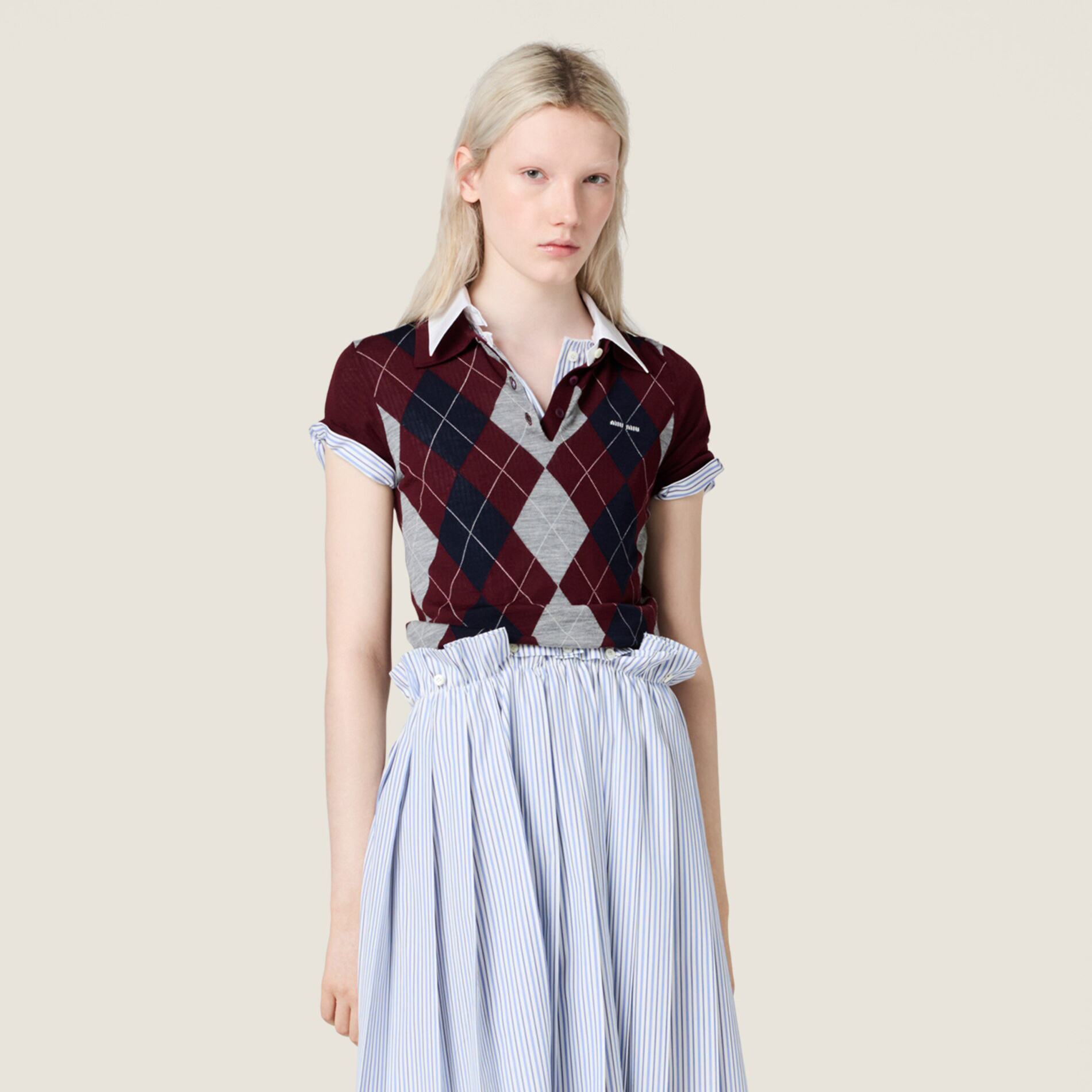 NIGO MiuMiu Women's Summer Fashion Casual Collared Diamond Pattern Wool Polo Shirt Short Sleeve T-shirt #nigo78464