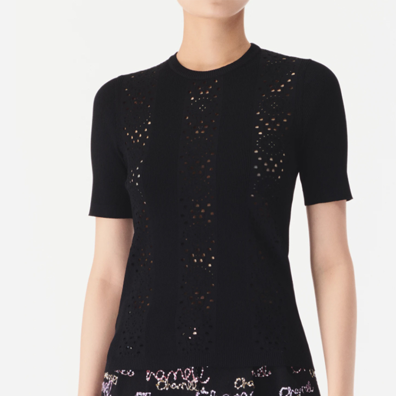 NIGO Chanel Women's Summer Floral Lace-Up Round Neck Solid Color Short Sleeve Knit T-Shirt #nigo81524