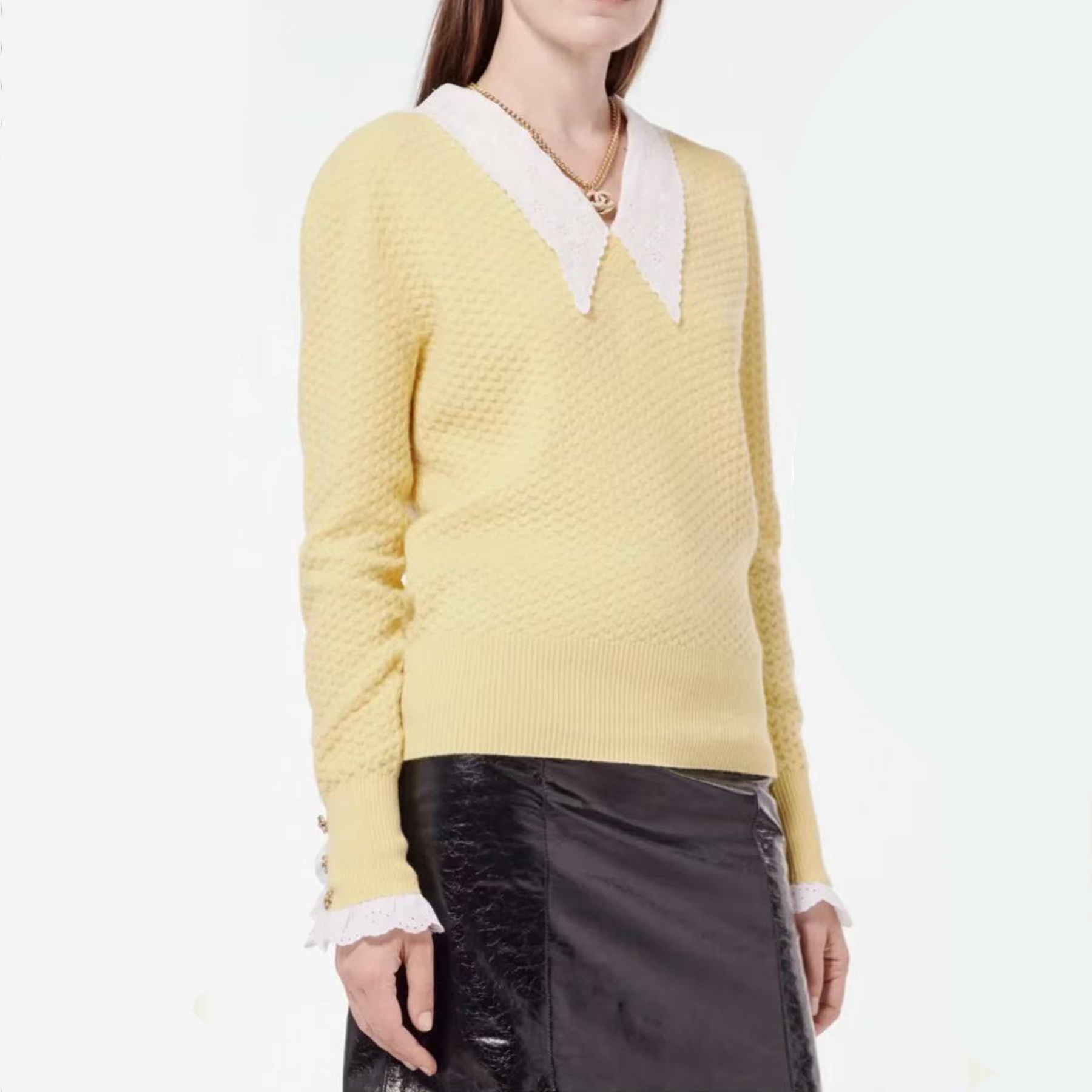 NIGO Chanel  Women's Fall And Winter Fashion Jacquard Knit Lace Yellow Sweater Elegant Lapel Long Sleeve Slim Sweater Ngvp #nigo2425