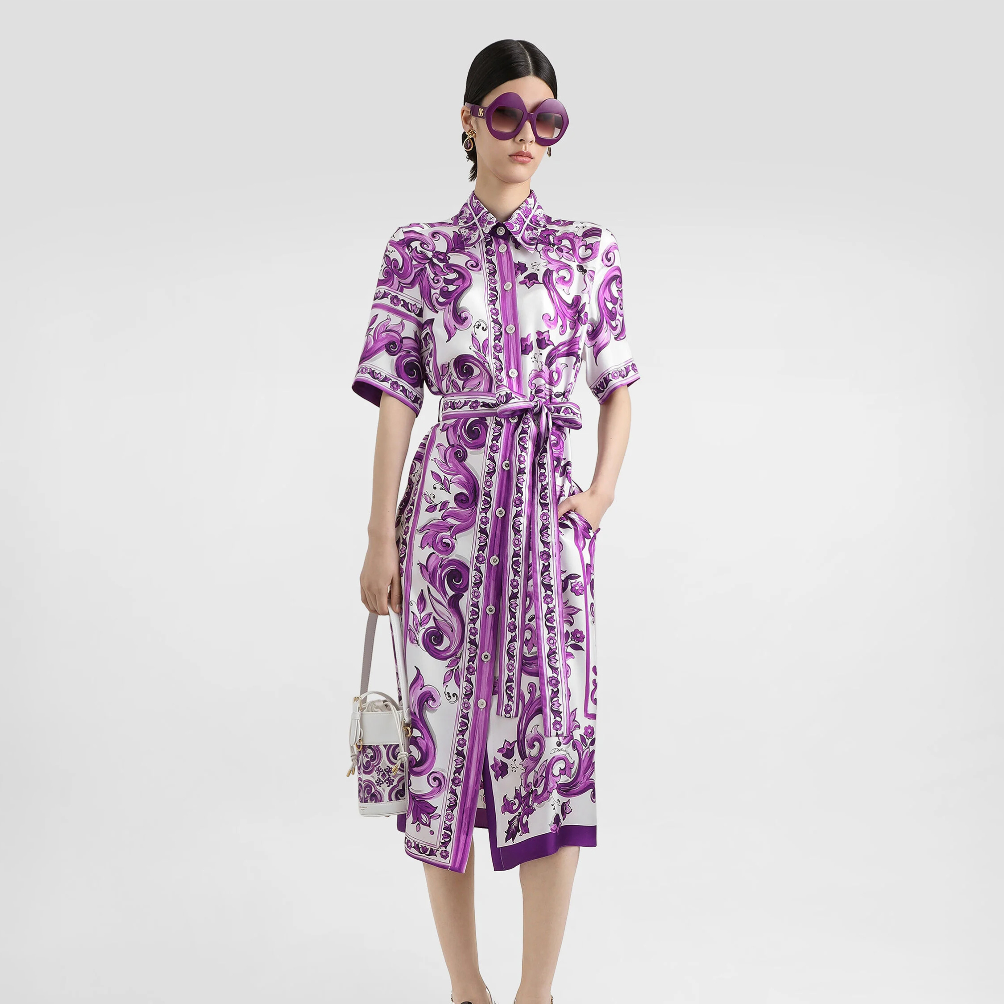 NIGO Dolce&Gabbana Women's Majolica Printed Silk Solid Color Summer Lapel Single-Breasted Tie Twill Shirt Dresses Ngvp #nigo2317