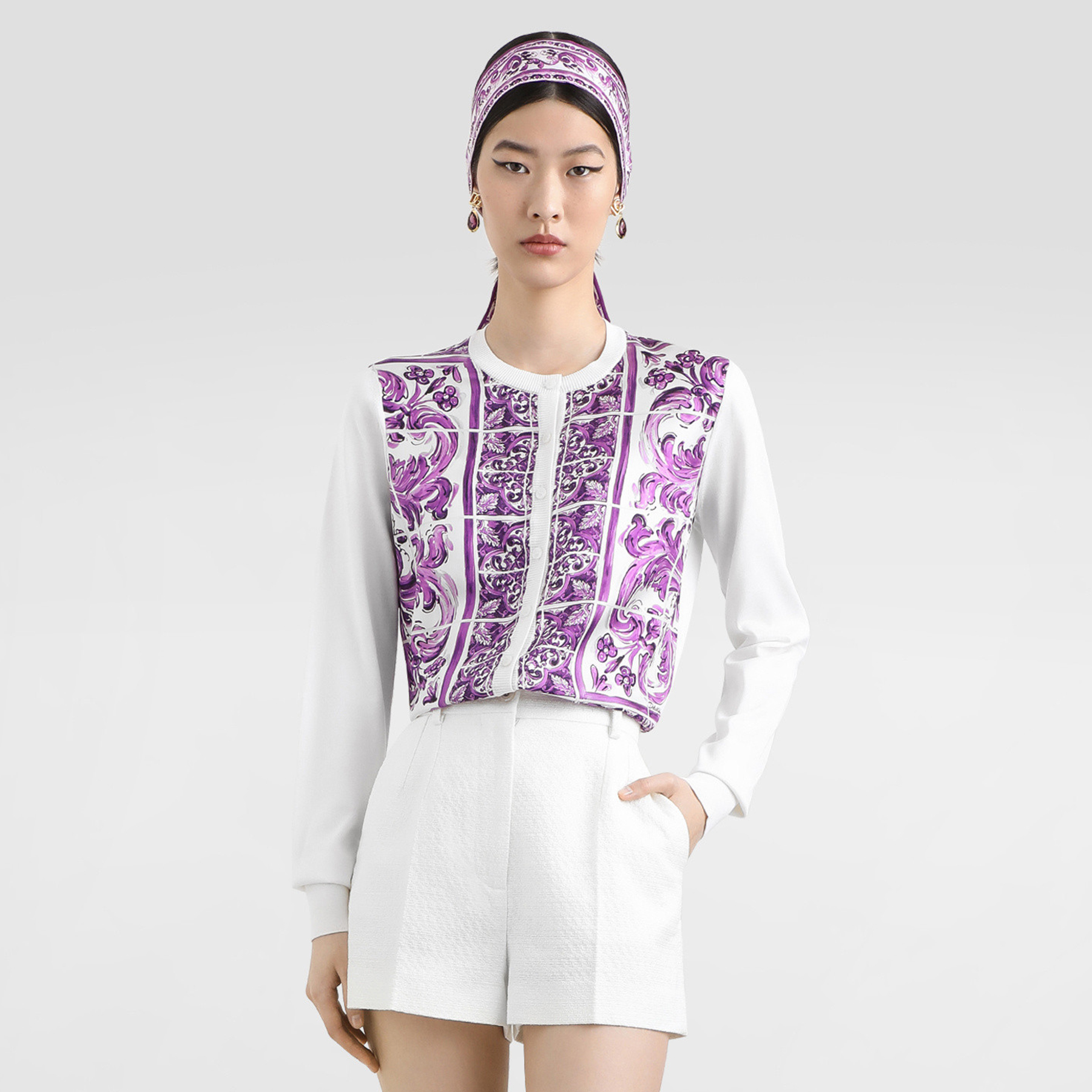 NIGO Dolce&Gabbana Majolica Printed Silk knitted Cardigan Women's Spring Summer Purple Fashion Elegant Single Breasted Sweater Ngvp #nigo2427