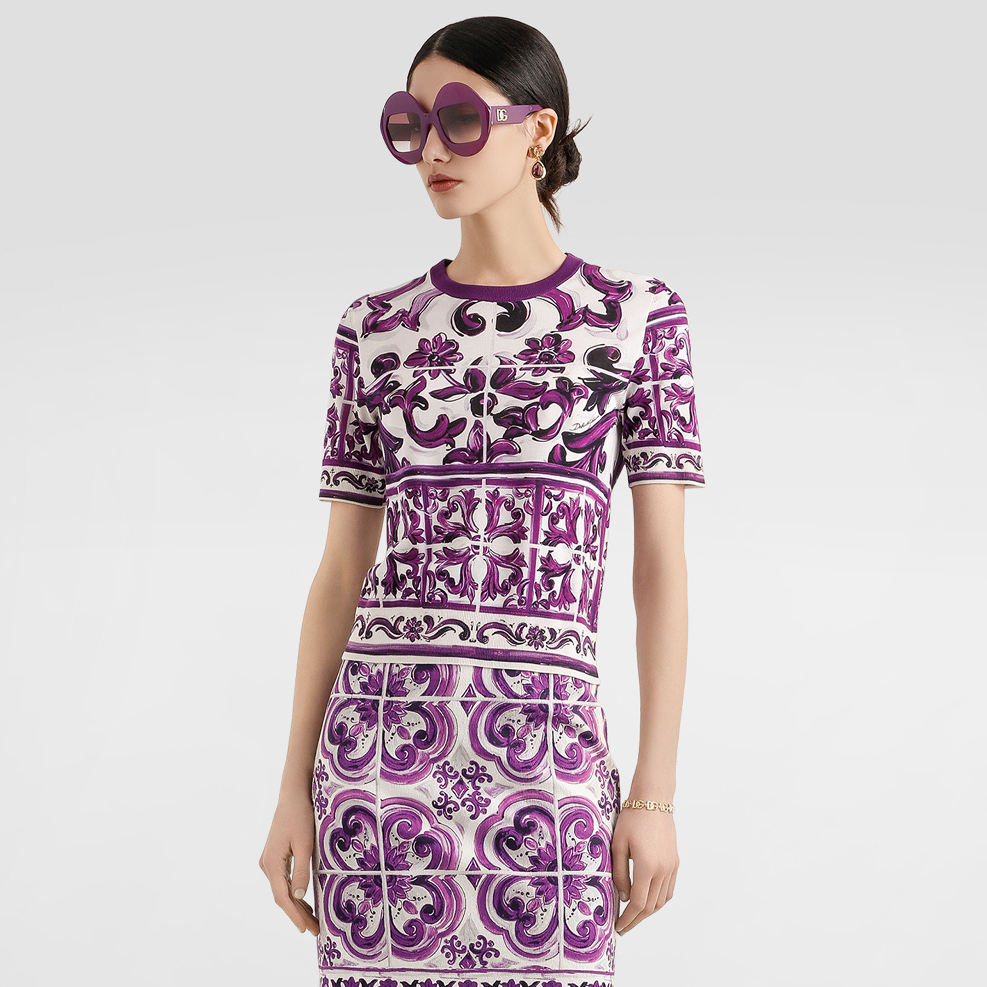 NIGO Dolce&Gabbana Women's Summer Floral Print Crew Neck Short Sleeve Solid Color Silk T-Shirt Ngvp #nigo2318