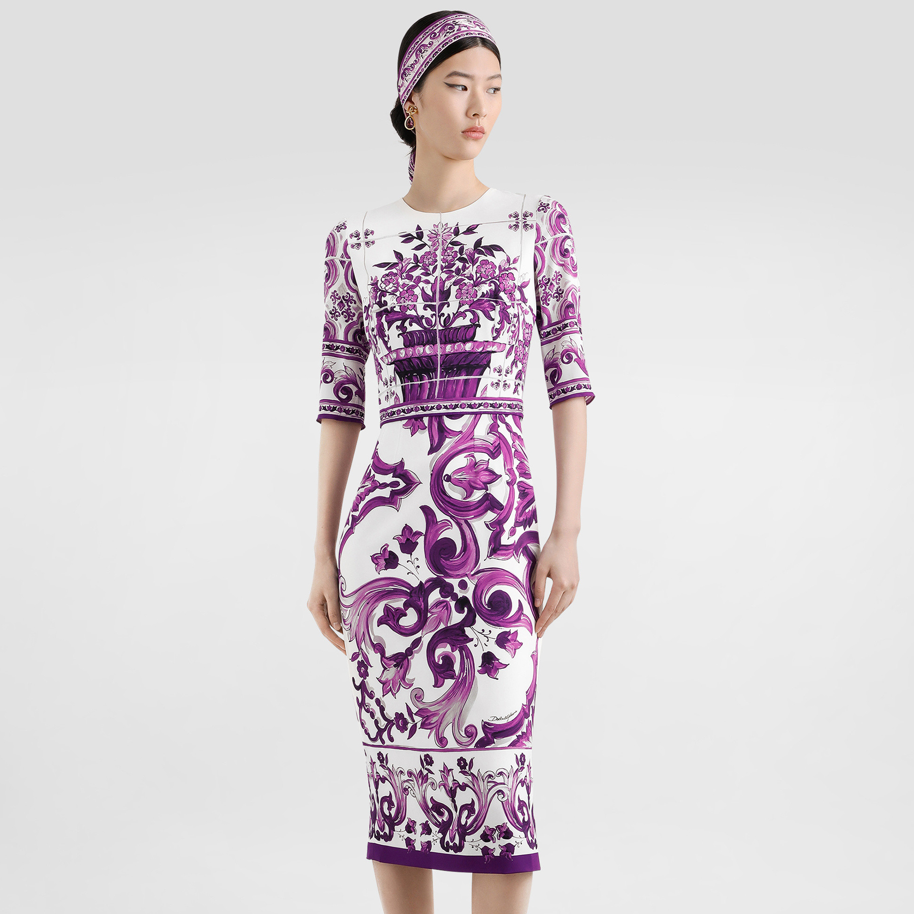 NIGO Dolce&Gabbana Majolica Printed Vegan Crepe Satin Dress Women's Spring Summer Purple Fashion Elegant Evening Dresses Ngvp #nigo2428