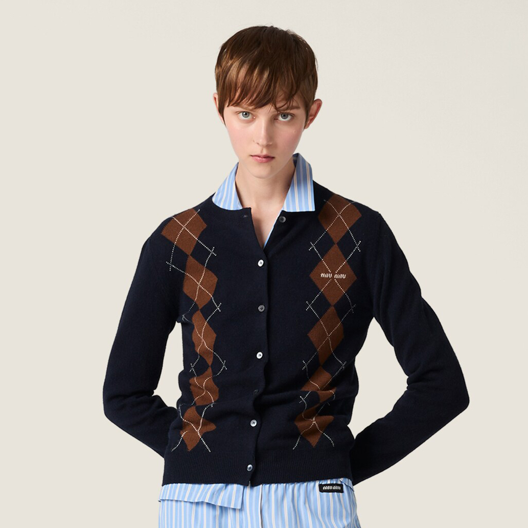 NIGO MiuMiu Women's Spring/Fall Fashion Casual Crew Neck Single-Button Diamond Pattern Cashmere Knit Cardigan #nigo78497