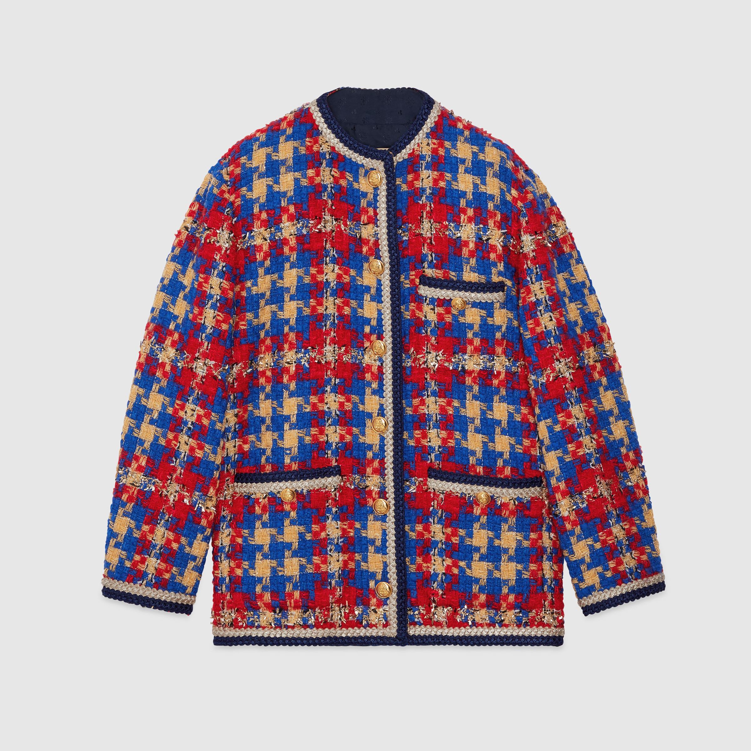 NIGO Gucci Women's Spring/Fall Vintage Multi-Color Oversized Casual Checkered Knit Wool Blend Tweed Long-Sleeve Single-Breasted Coat Jacket Ngvp #nigo2322