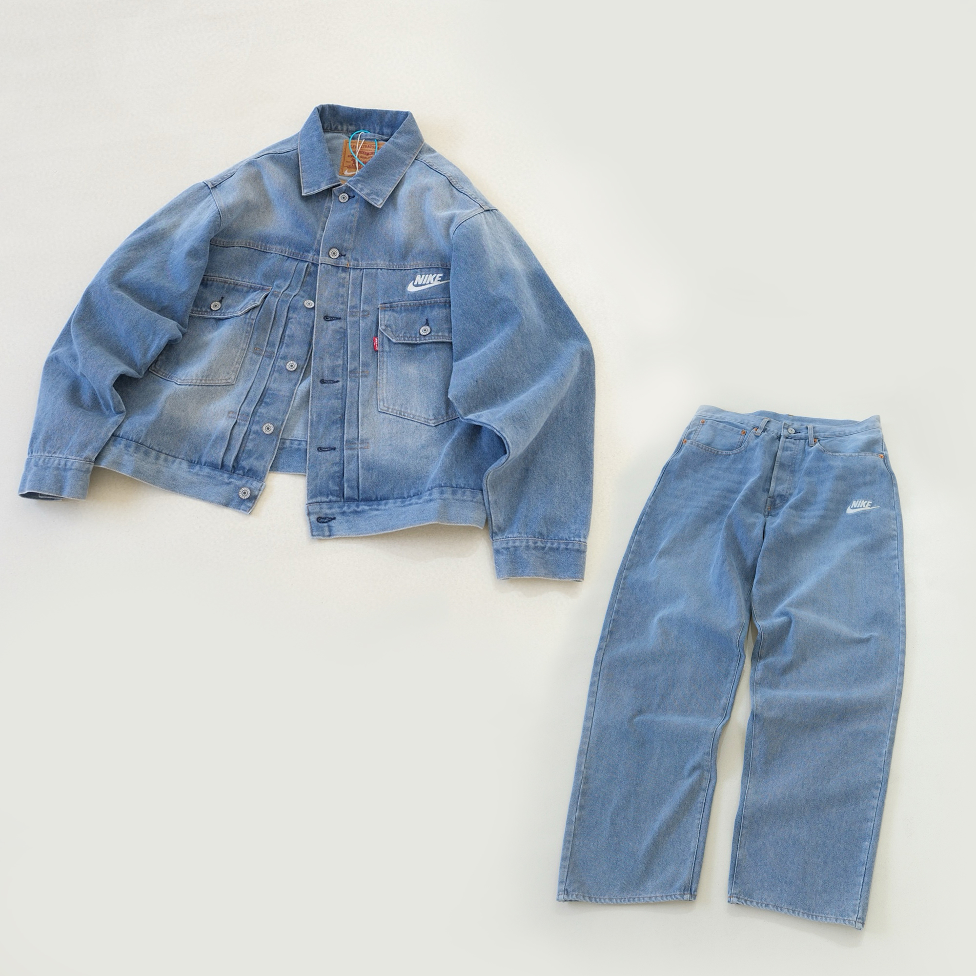 NIGO Nike x Levi's Men's Spring/fall Fashion Casual Loose Fit Single Breasted Collared Double Pocket Denim Jacket Letter Printed Loose Fit Casual Denim Pants Suit Set #nigo78496